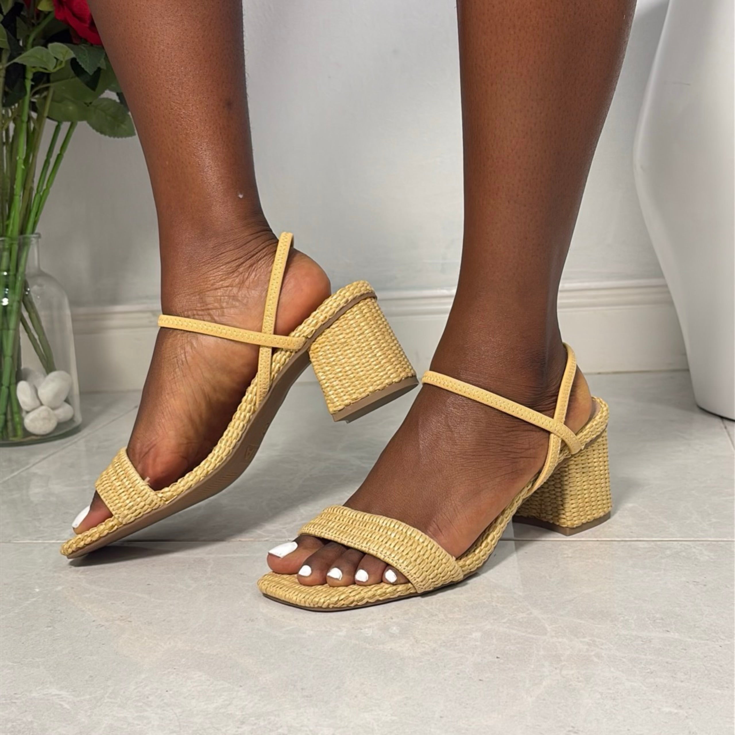 Mia Faux Rattan Block Heel Sandal is Buttercream