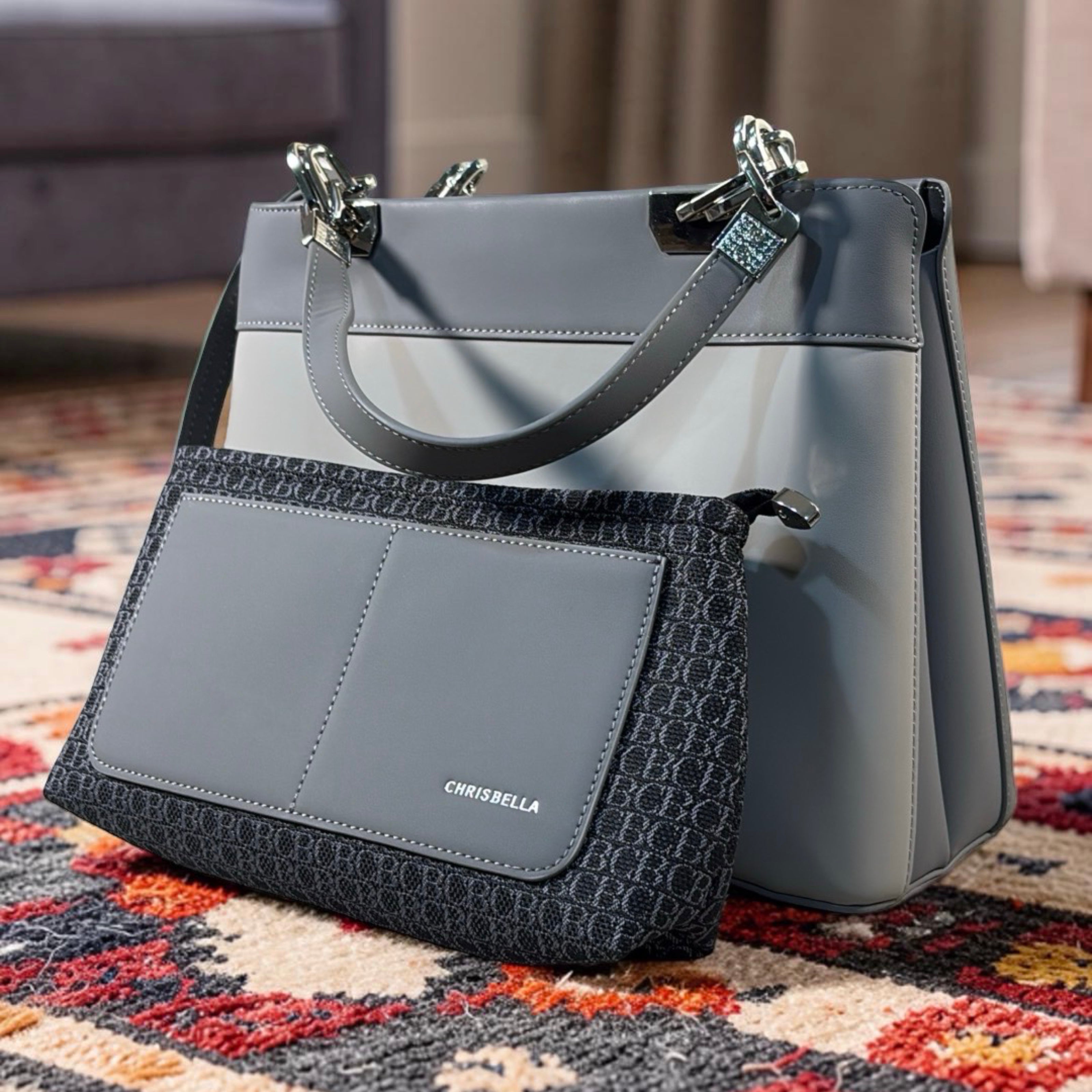 Chrisbella Metal Detail Double Handle 2-in-1 Bag in Grey