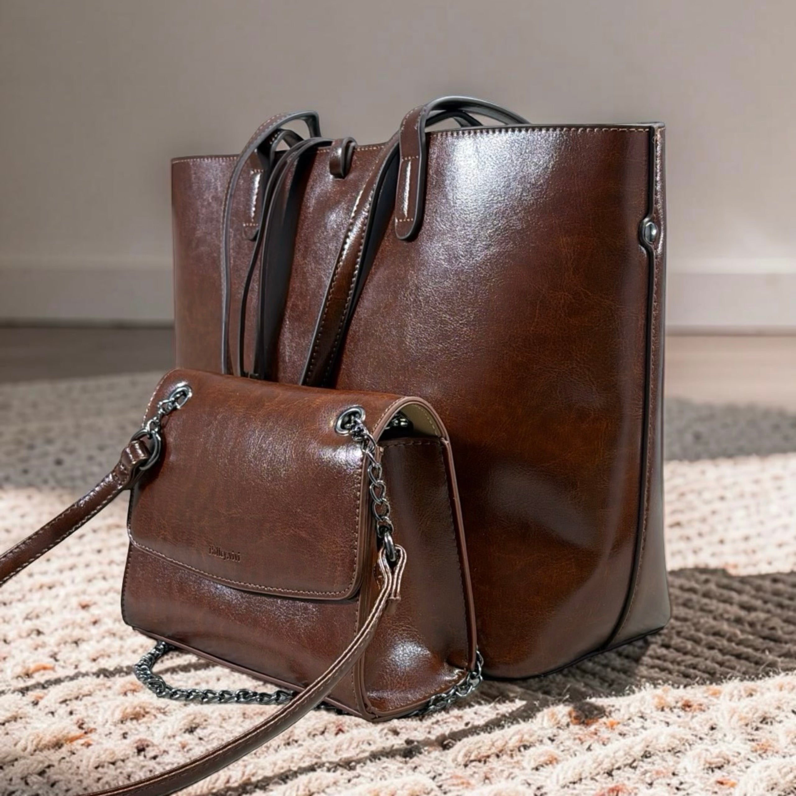 Holley Vivi 2-in-1 Leather Tote Bag in Coffee