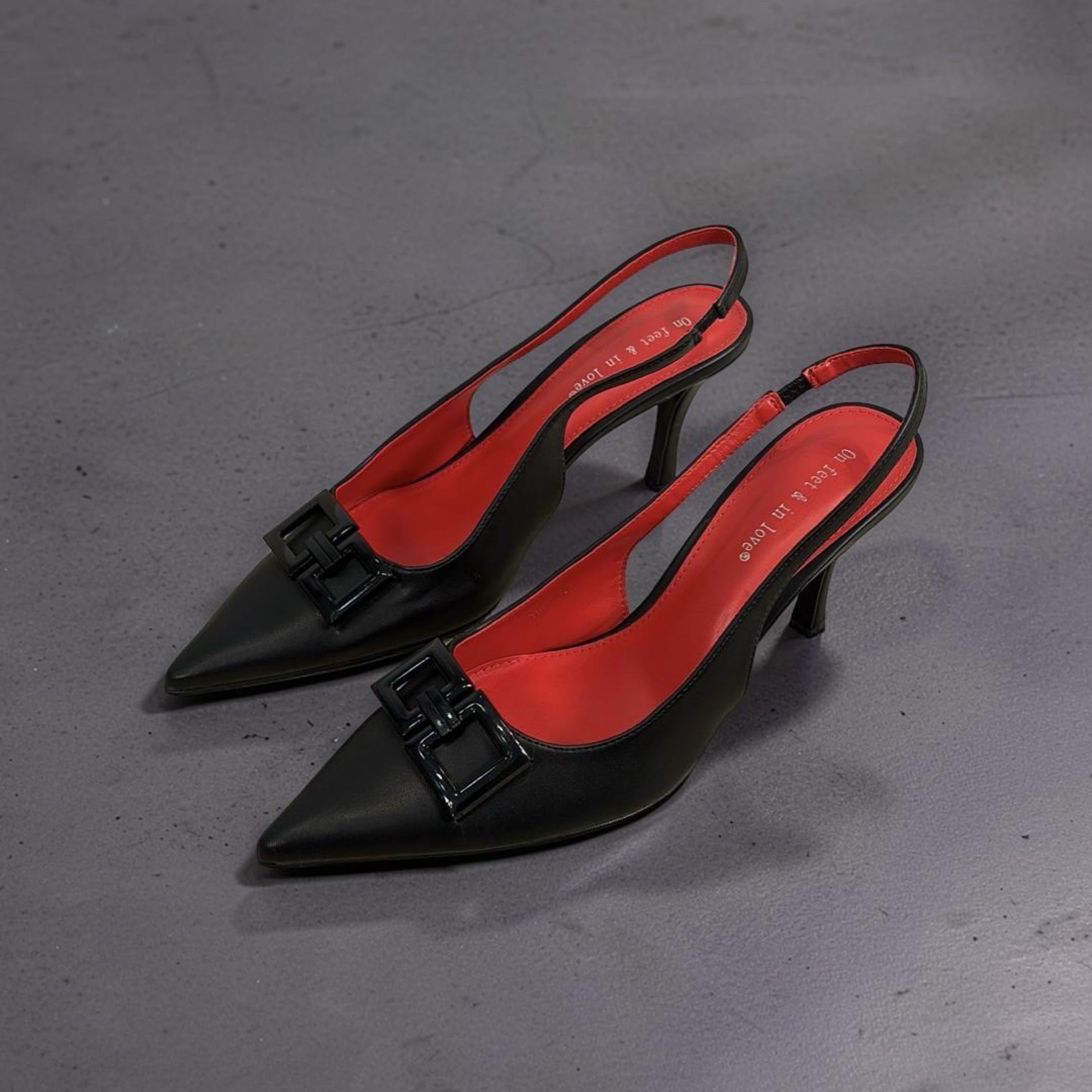 On Feet & in Love Patent Leather Pointed Toe Slingback Heels in Black