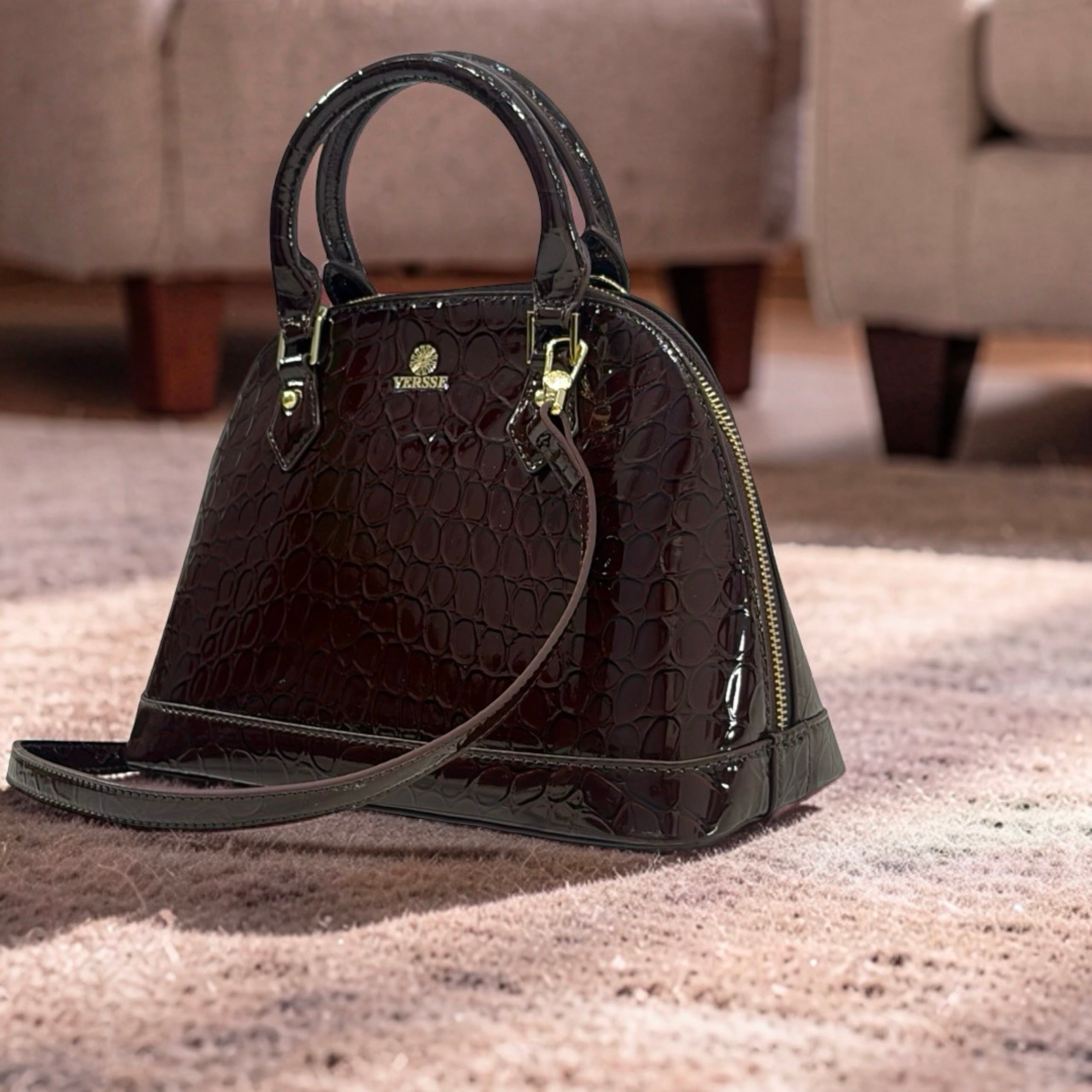 Versse Faux Croc Patent Leather Bag in Coffee