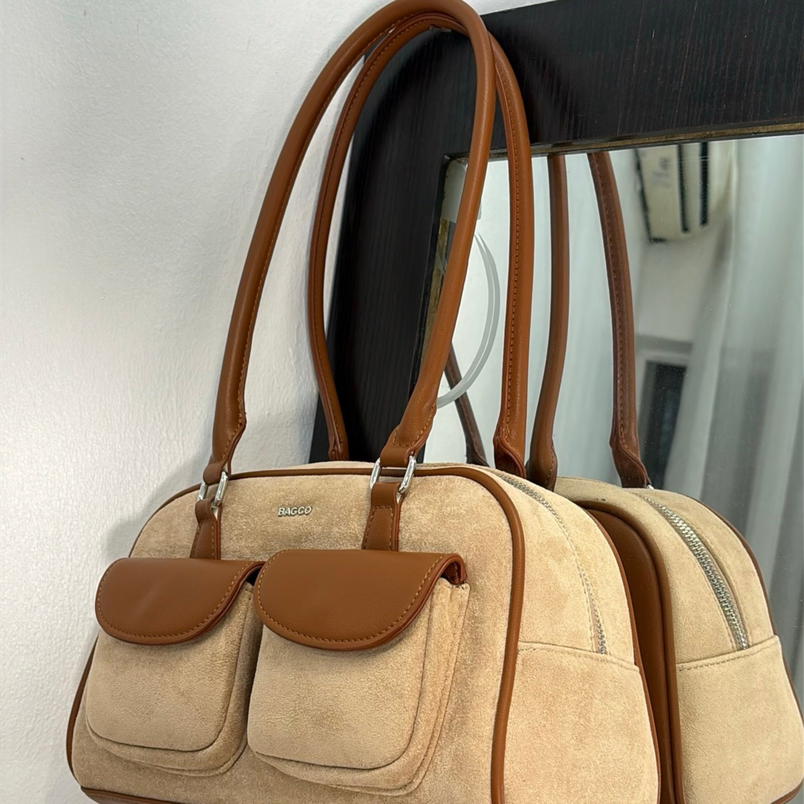 Bagco Pocket Detail Suede Bag in Brown/Beige