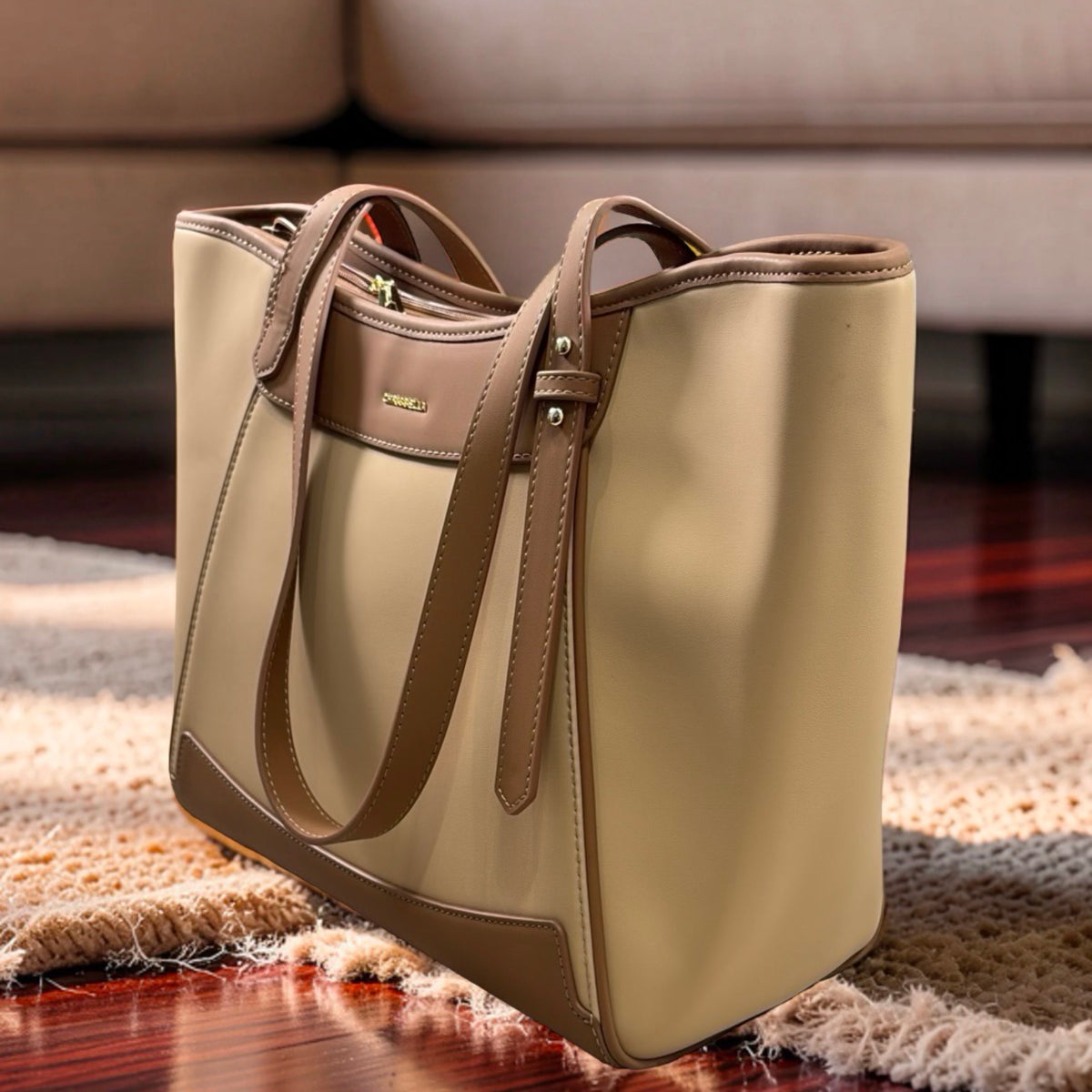 Chrisbella Large Two-Tone Bag in Beige