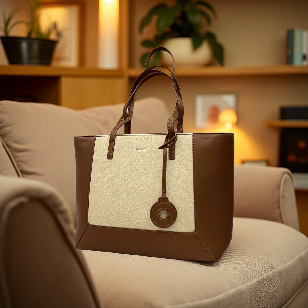 Chrisbella Two-Tone Large Tote in Tan/Beige