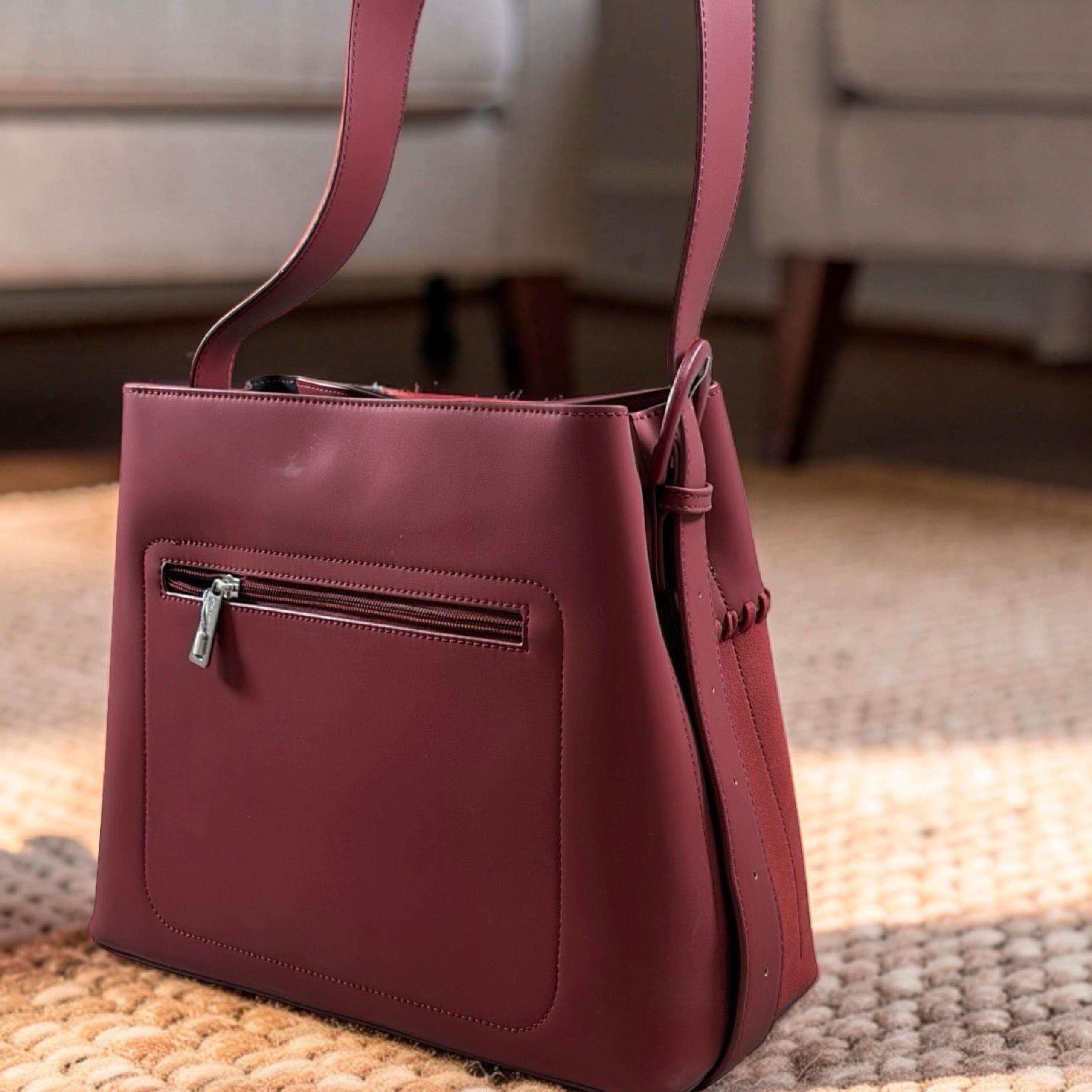 Chrisbella Single Belt Strap Bag Suede Detail Bag in Wine