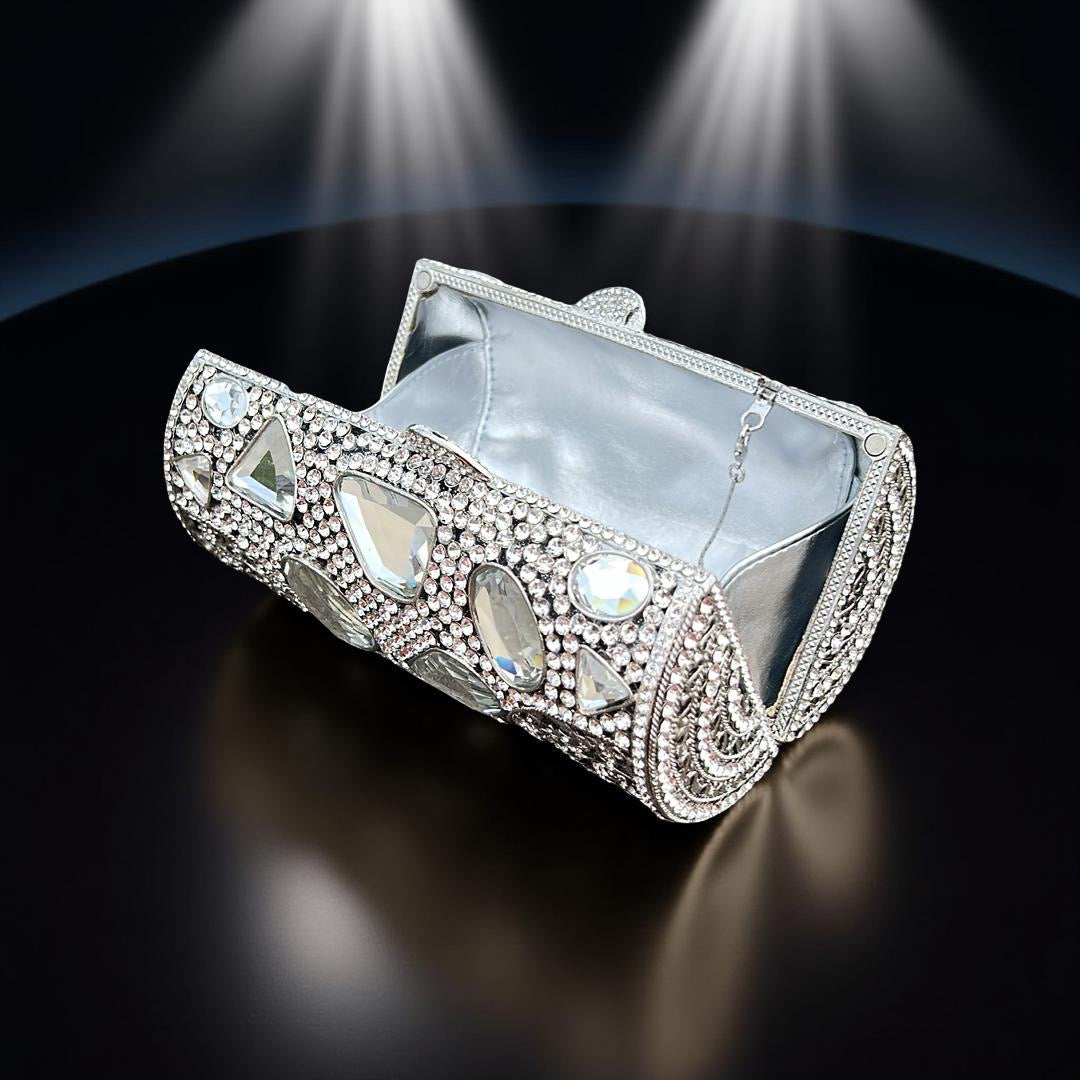 Monaco Sparkle Clutch Rhinestone Evening Bag with Chain Strap in Silver