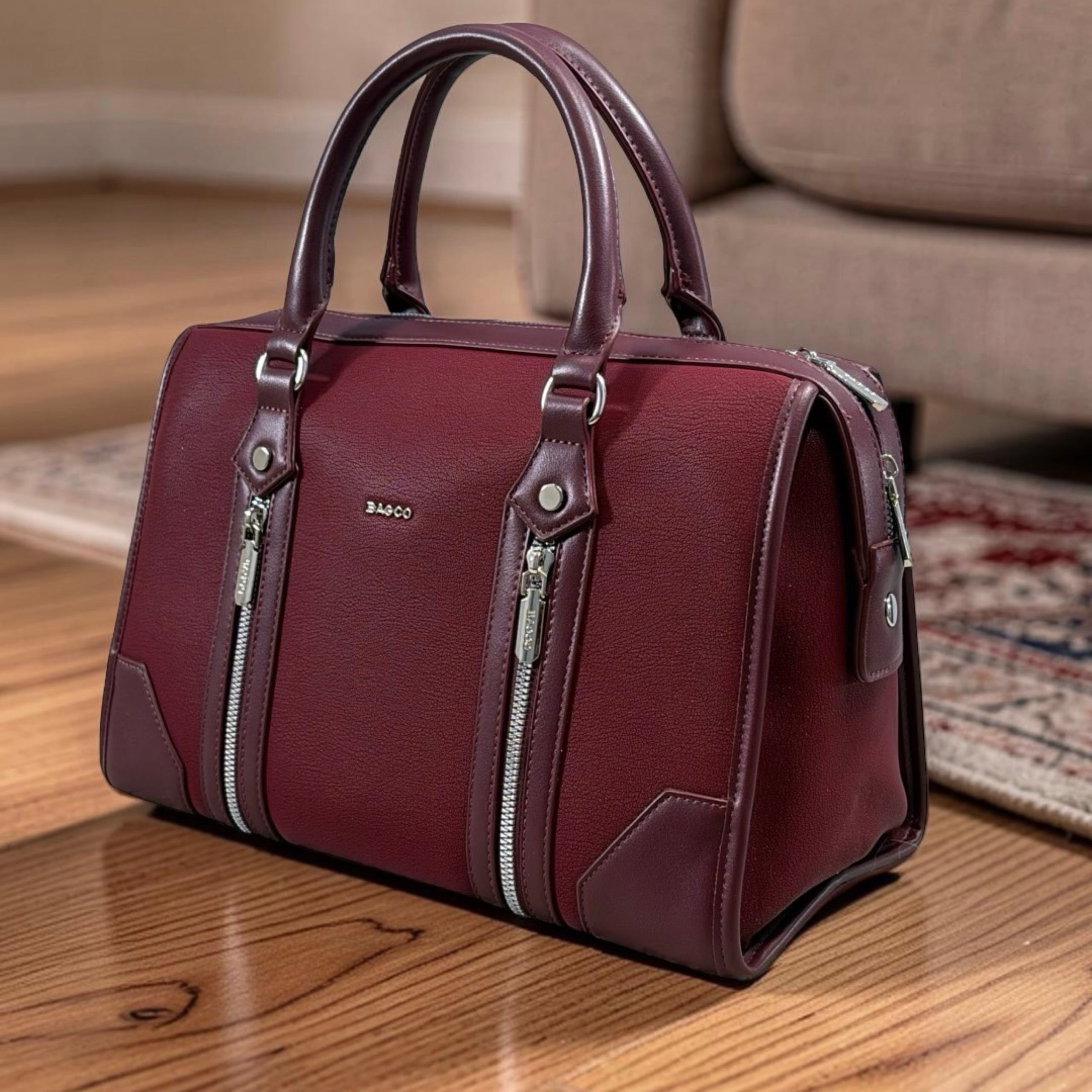 Bagco Double Front Zip Two-Tone Bag in Burgundy