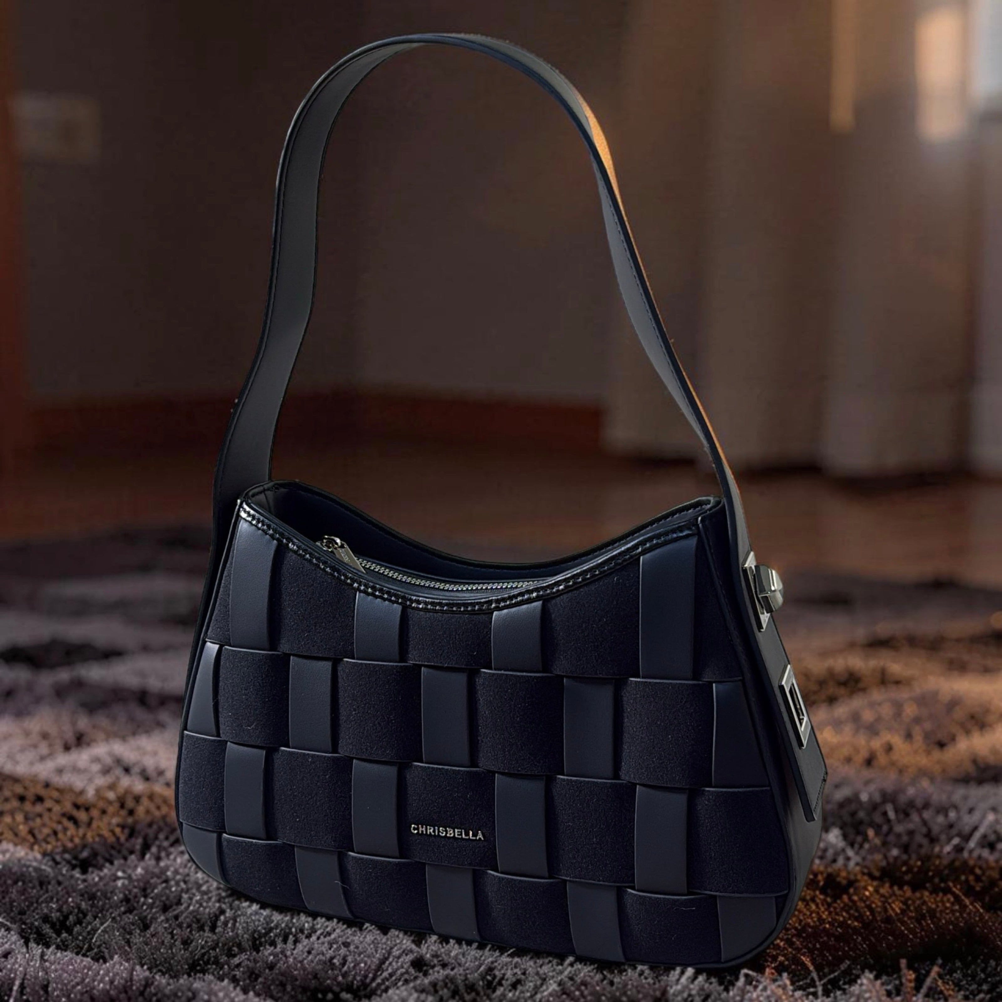 Chrisbella Mat Deisgn Single Strap Shoulder Bag in Black
