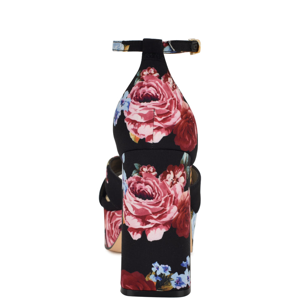 Nine West Floral Platform Block Heel Sandal in Black
