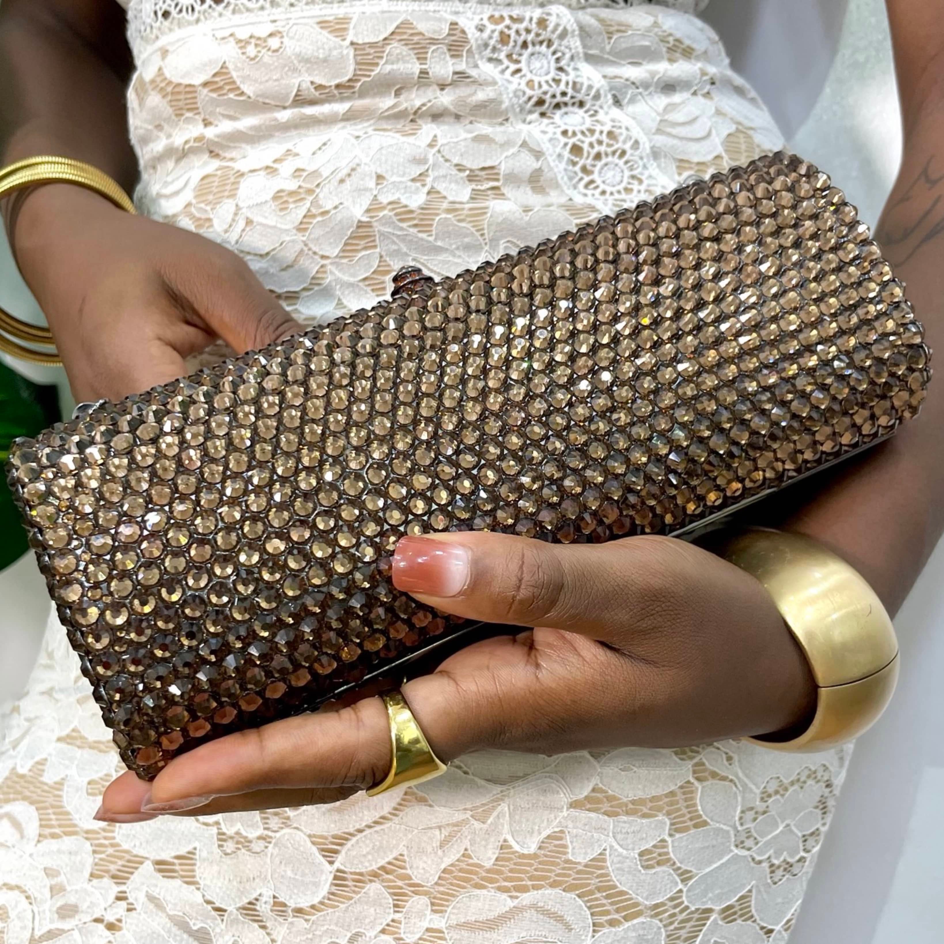 Paris Brown Evening Bag Silver Rhinestone Clutch for Events