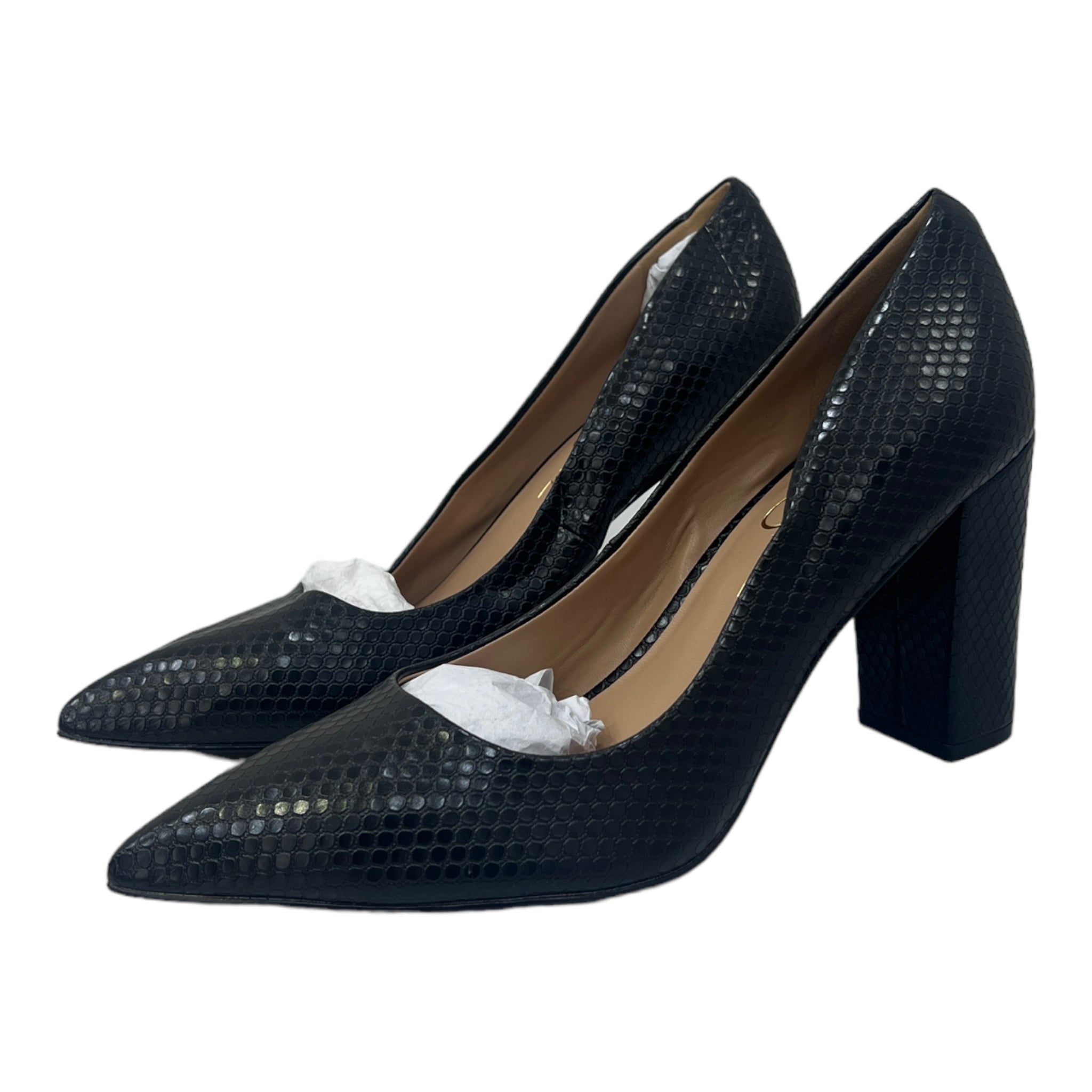 JESSICA SIMPSON BLACK TEXTURED POINTED TOE BLOCK HEEL PUMP