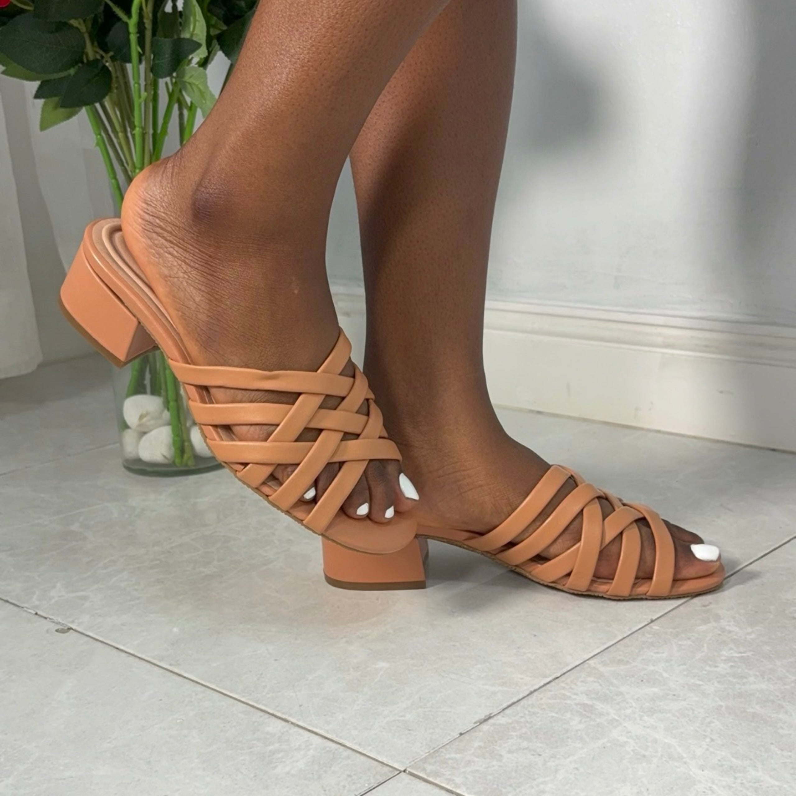Wydr Studios Cross Strap Block Heel Mule in Melon