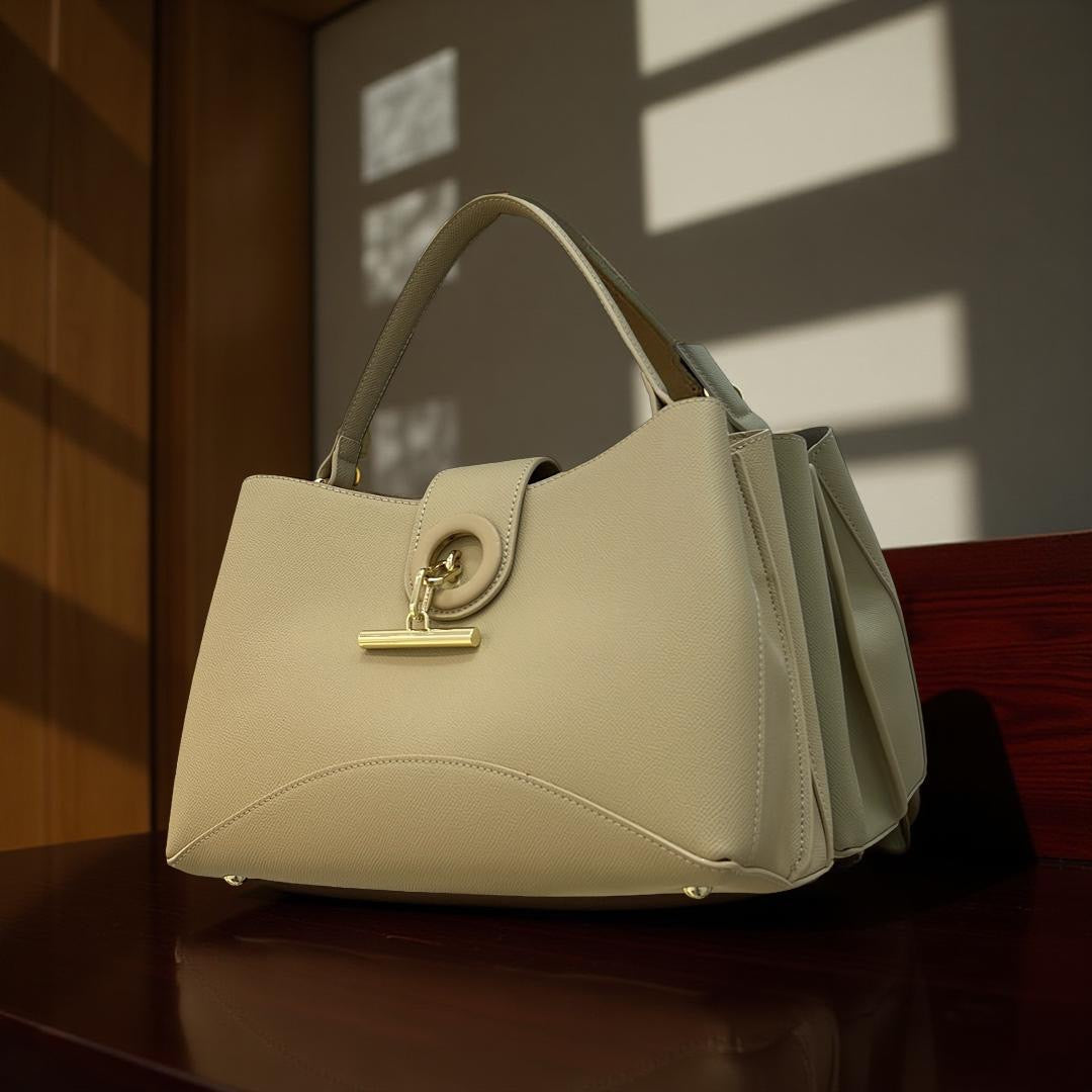 Chrisbella Leather Triple Compartment Bag in Beige