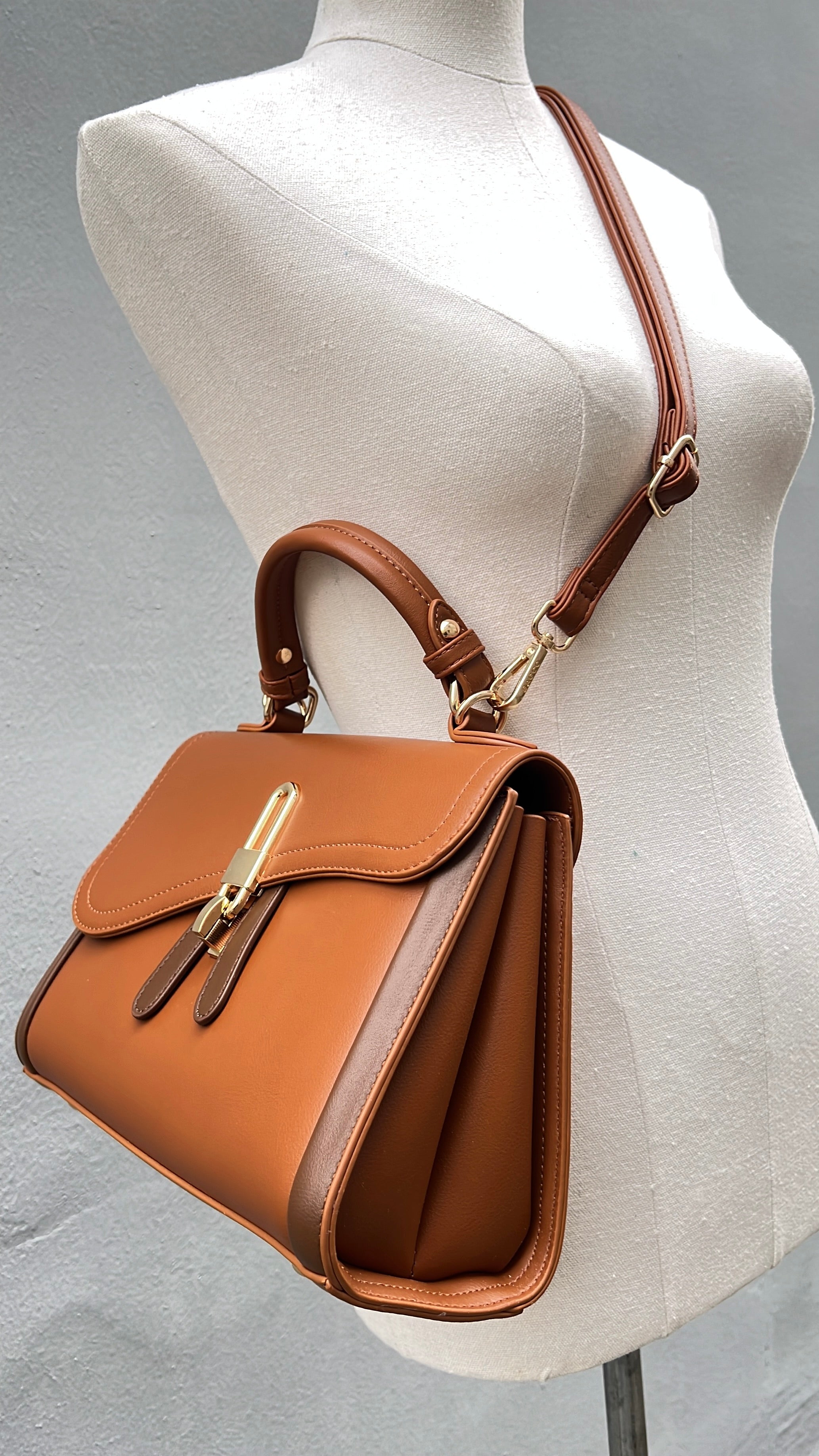 Bagco Top Handle Lock-Detail Structured Bag in Brown