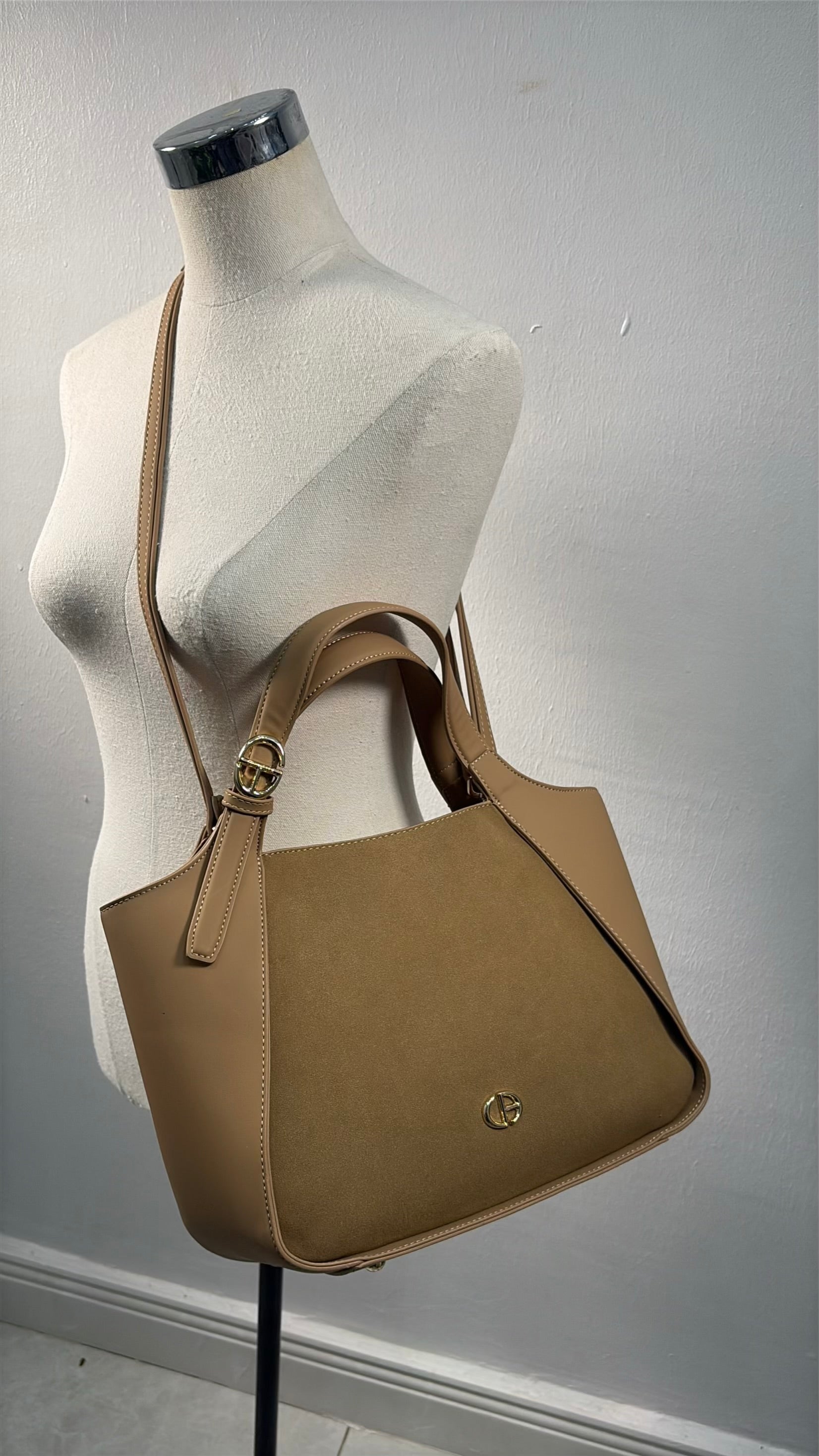 Chrisbella Suede detail Large Bag in Beige