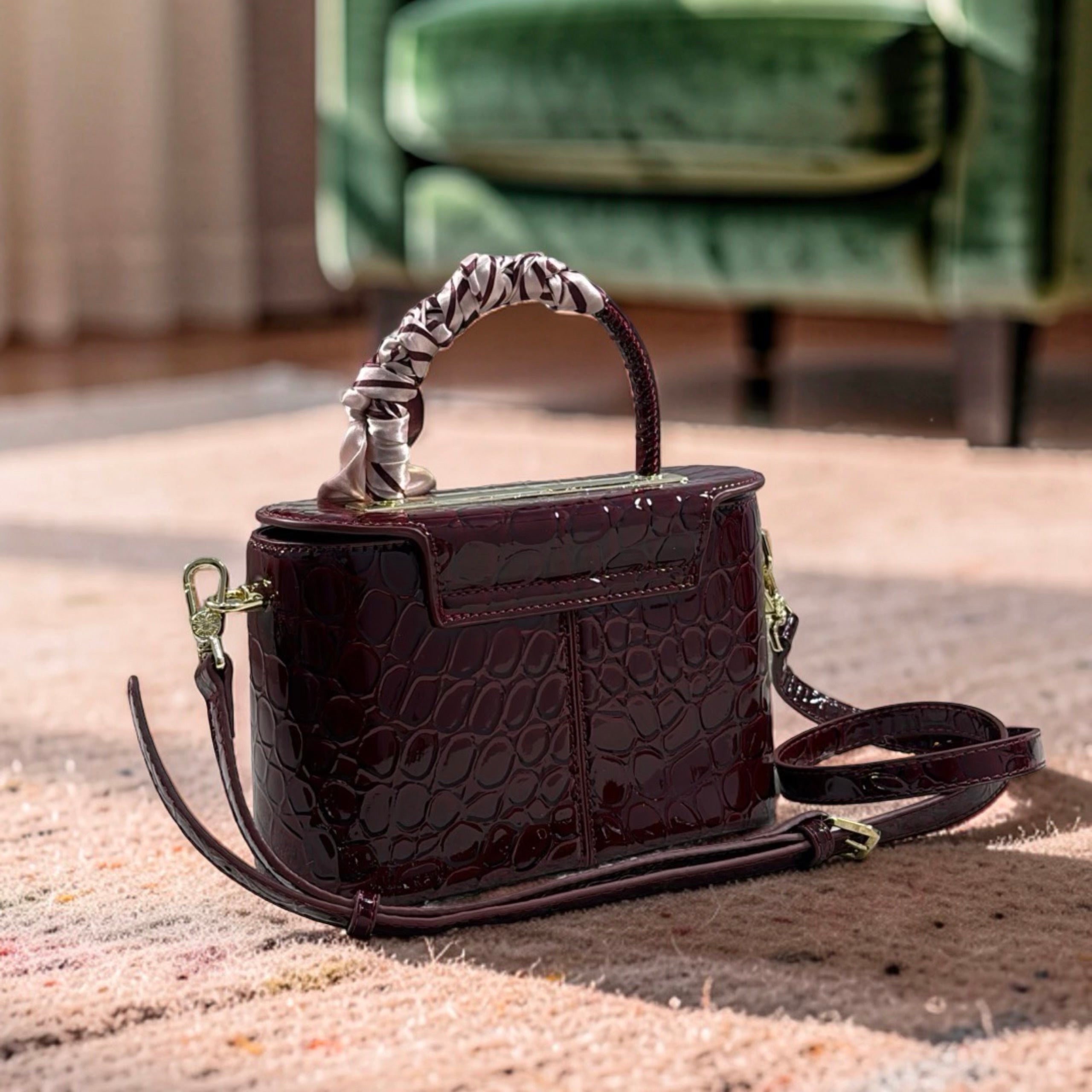 Versse Top Handle Faux Croc Skin Mini Bag in Burgundy