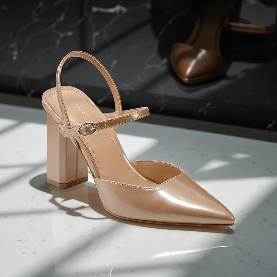 Marc Fisher Pointed Toe Block Heel Pump in Nude