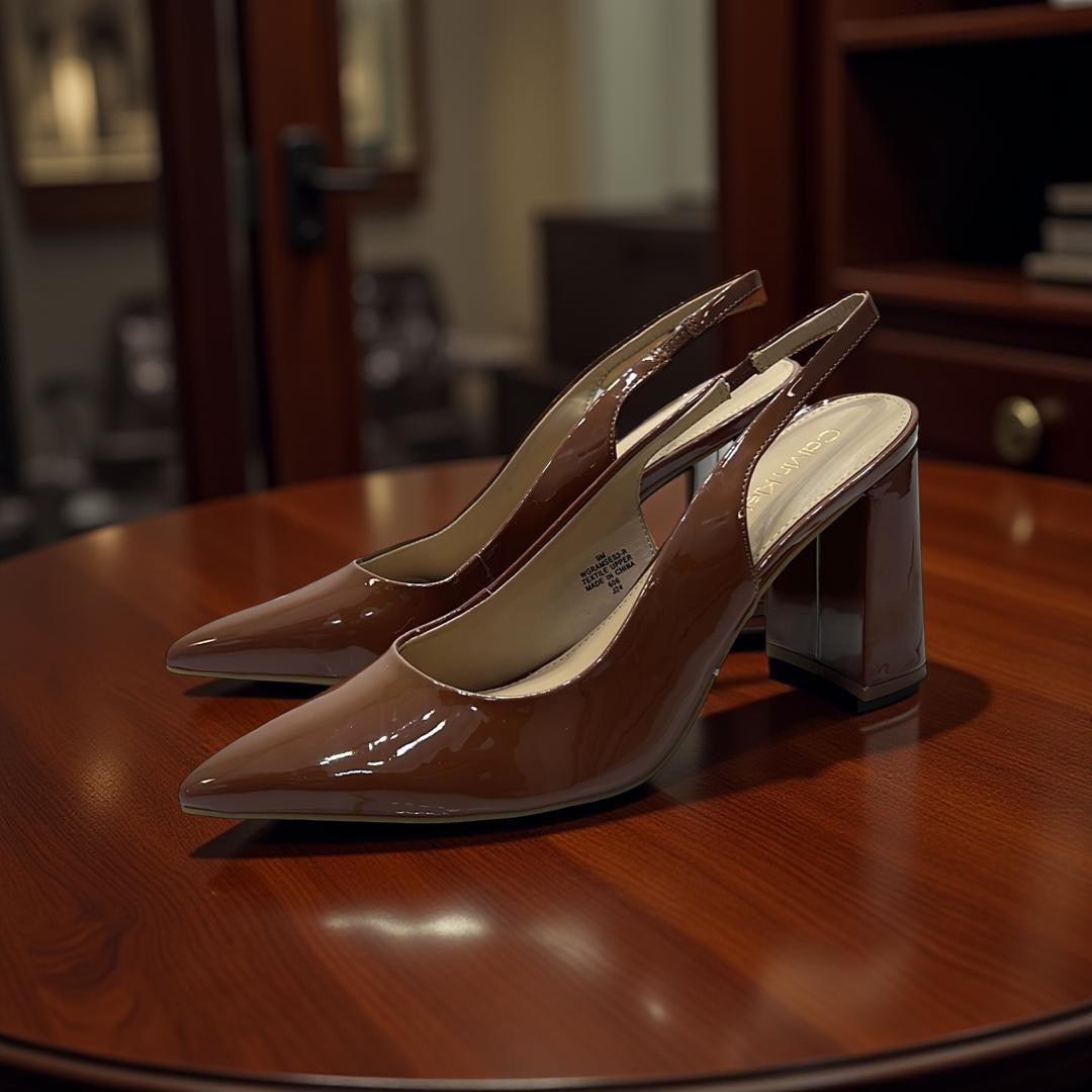 Calvin Klein Patent Leather Pointed Toe Block Heel Slingbacks in Cognac