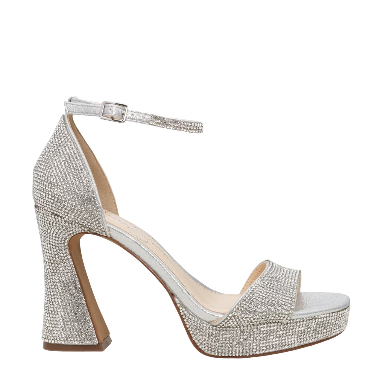 JESSICA SIMPSON EMBELLISHED BLOCK HEEL SANDAL IN SILVER