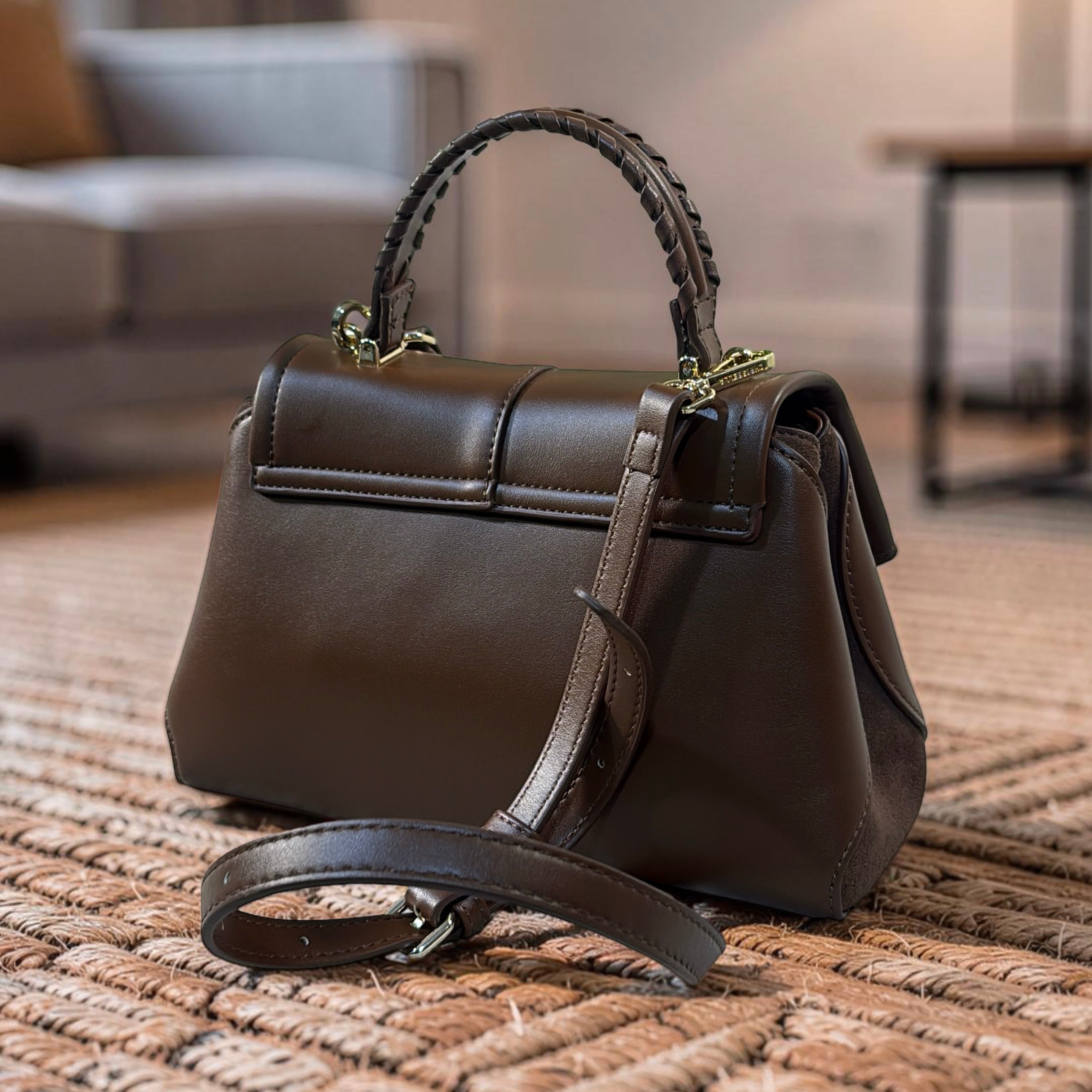 Chrisbella Suede Contast Top Handle Bag in Coffee