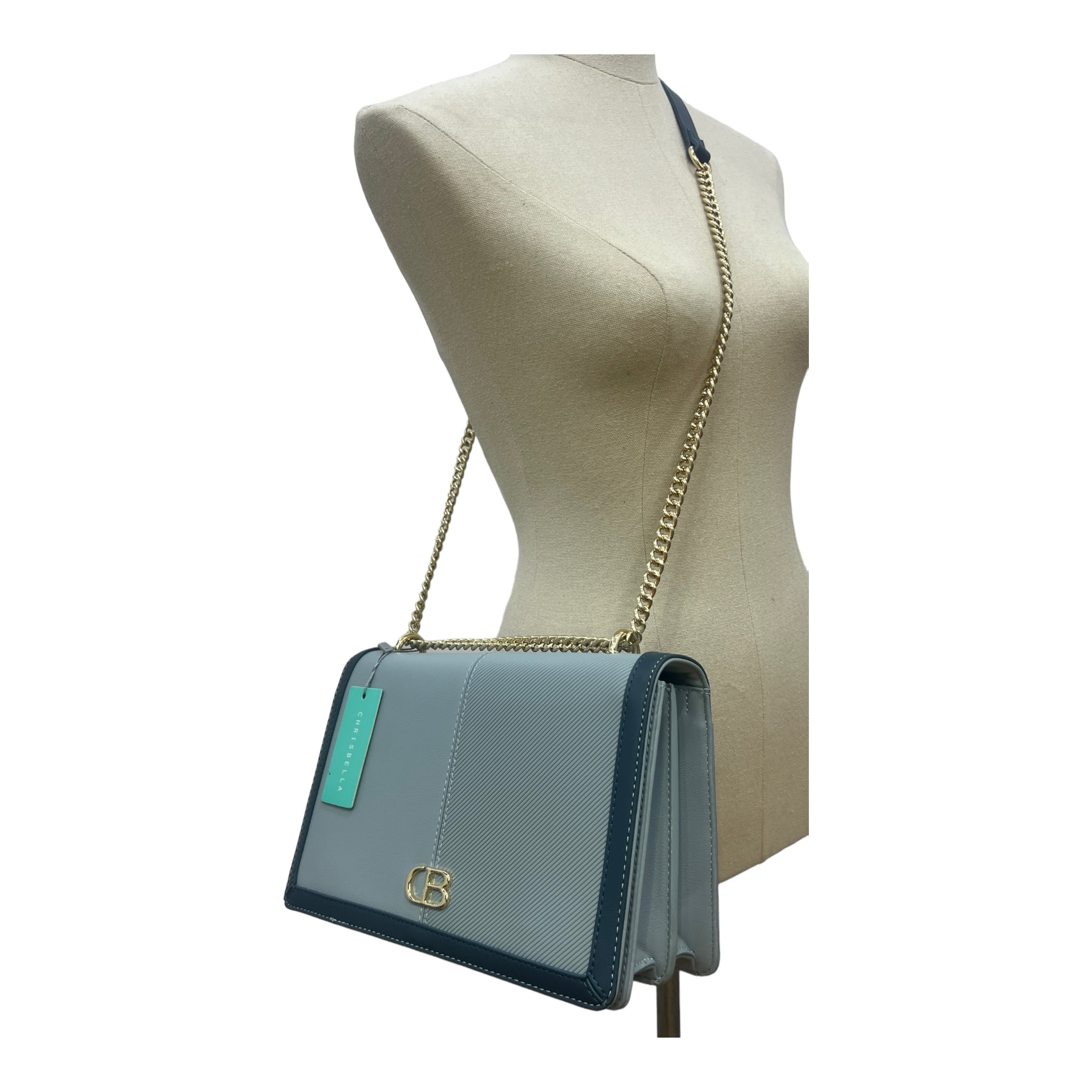 CHRISBELLA CB LOGO STRUCTURED FULL FRONTAL FLAP BAG IN BLUE