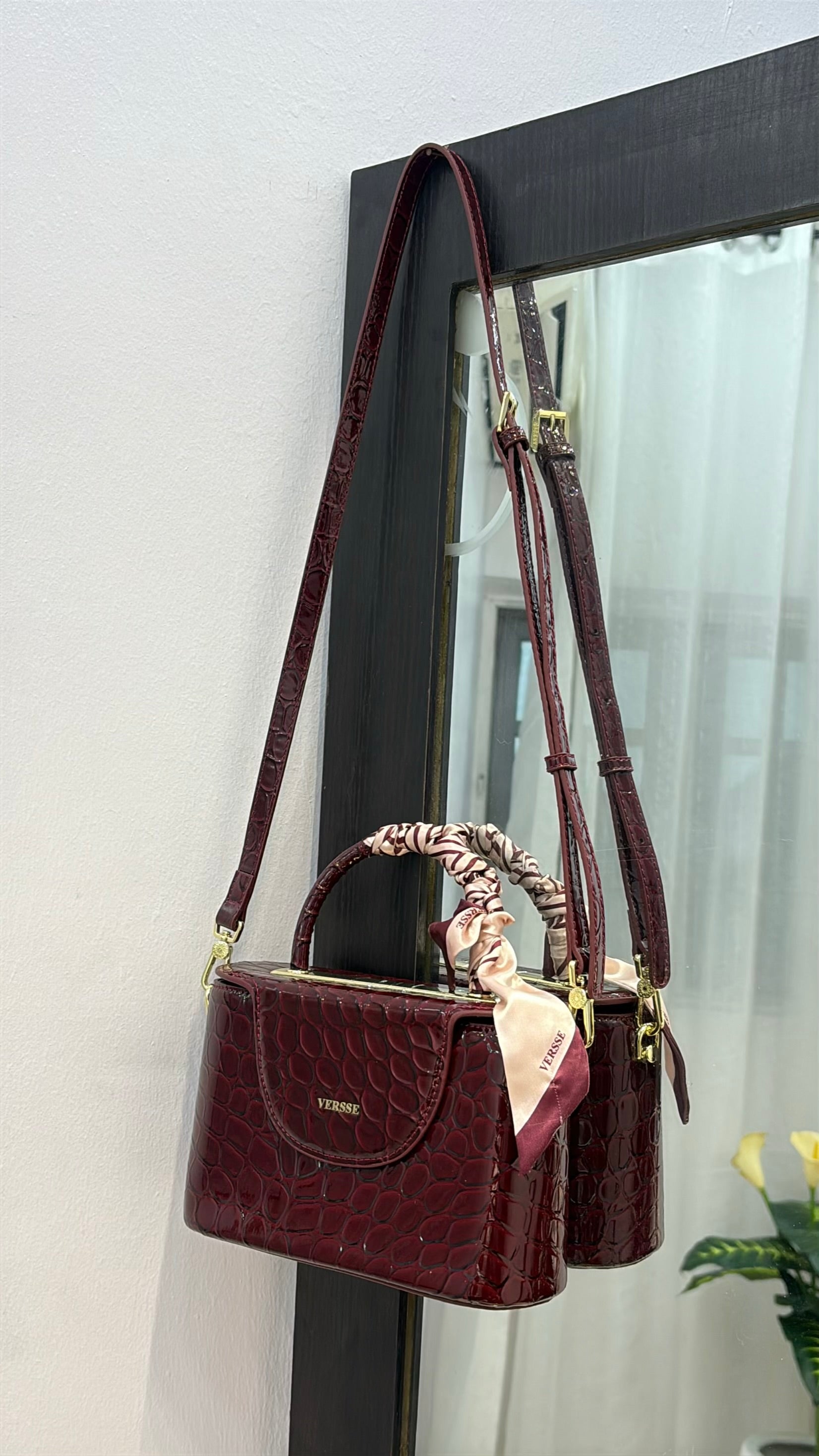 Versse Top Handle Faux Croc Skin Mini Bag in Burgundy