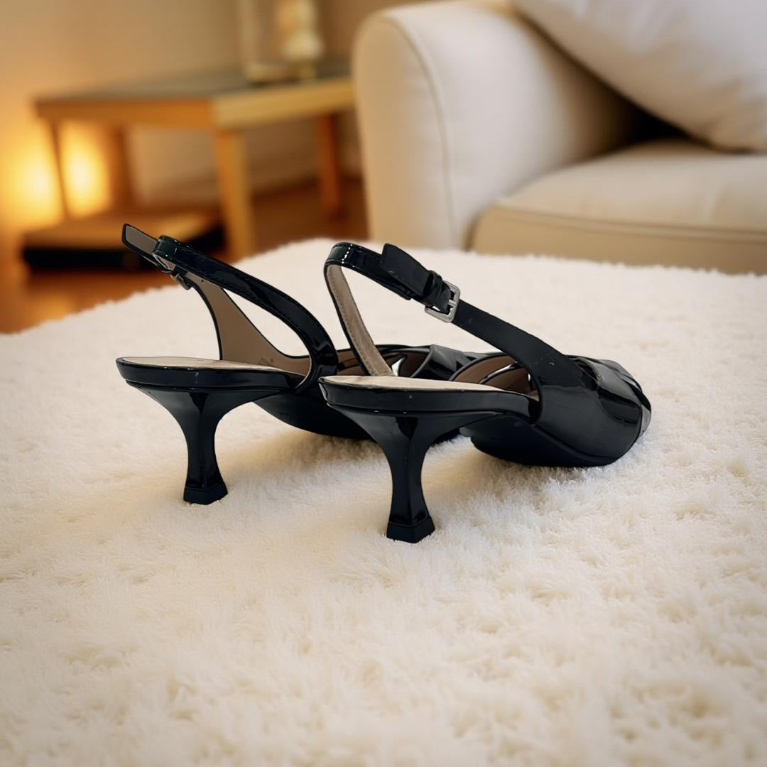 Unisa Patent Leather Pointed Toe Slingback Kitten Heels in Black