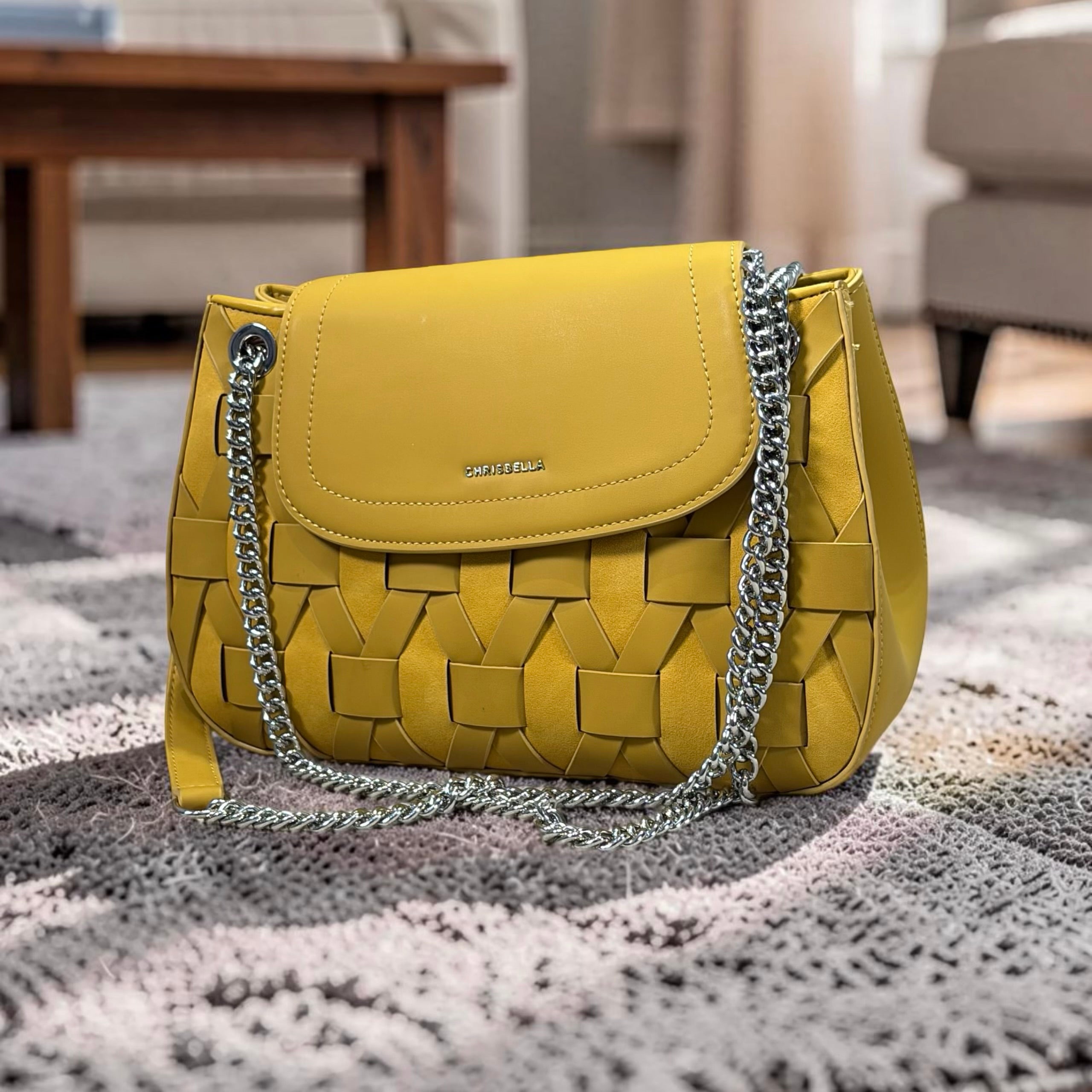 Chrisbella Woven Detail Chain Handle Sling bag in Yellow