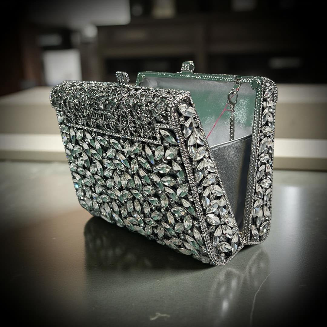 Milan Luxe Clutch Structured Party Purse with Stones in Silver
