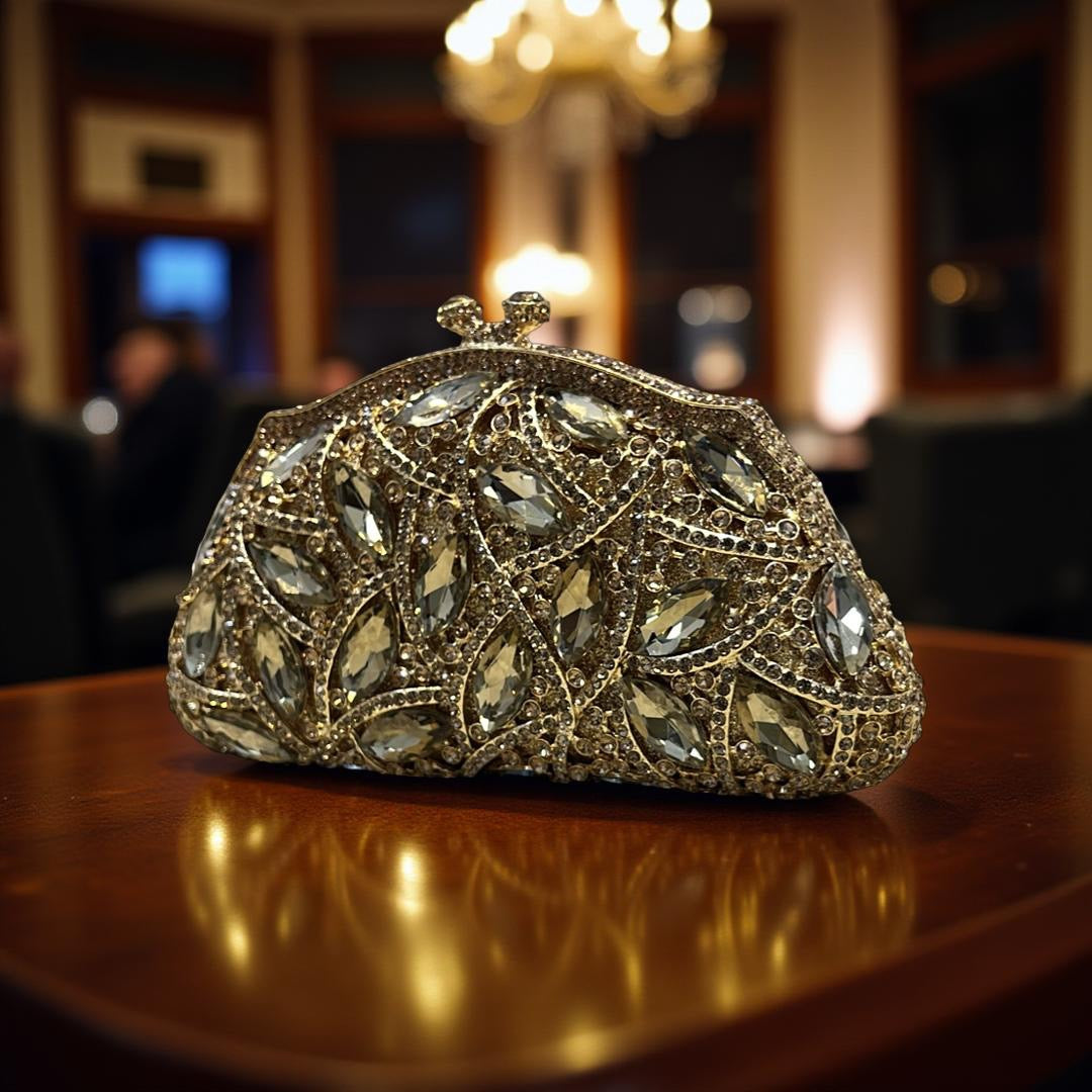 Geneva Glam Clutch Statement Purse with Crystals in Gold