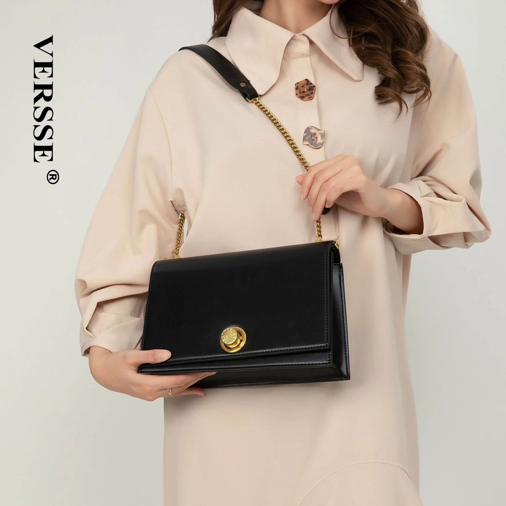 Versse Metallic Turn-Lock Chain Crossbody Bag in Beige