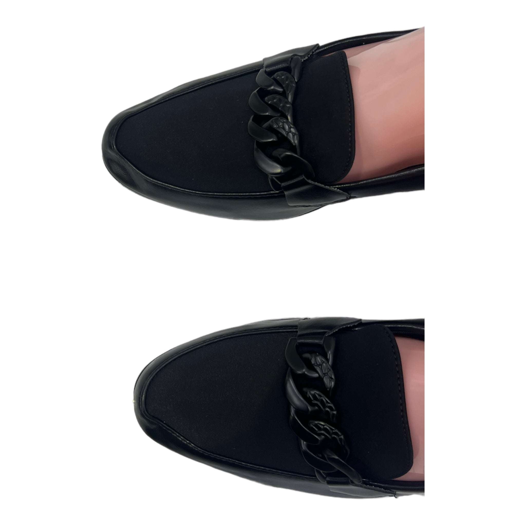 MODA BLACK FAUX CHAIN DETAIL HEELED LOAFERS