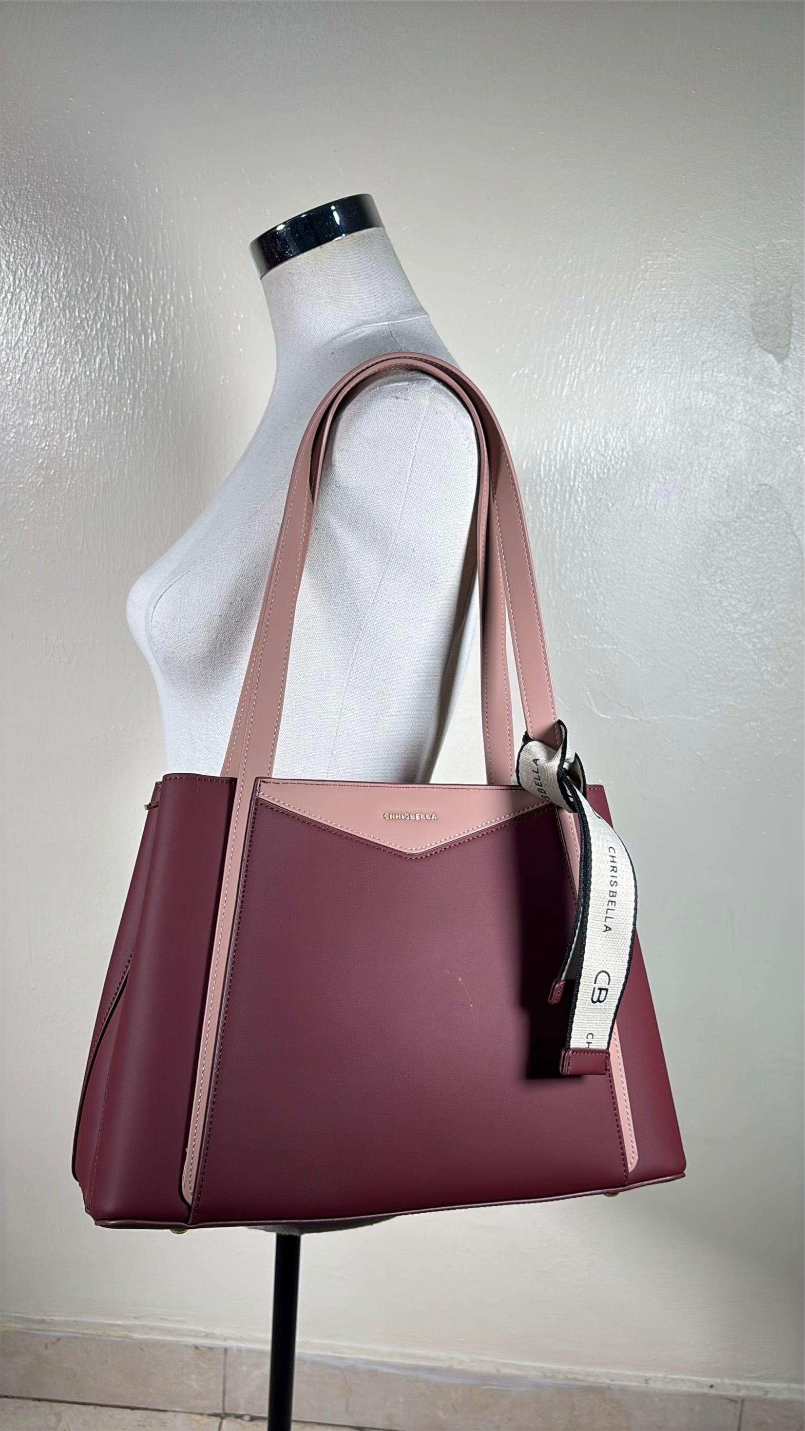 Chrisbella 2-in-1 Contrast Color Shoulder Bag in Burgundy