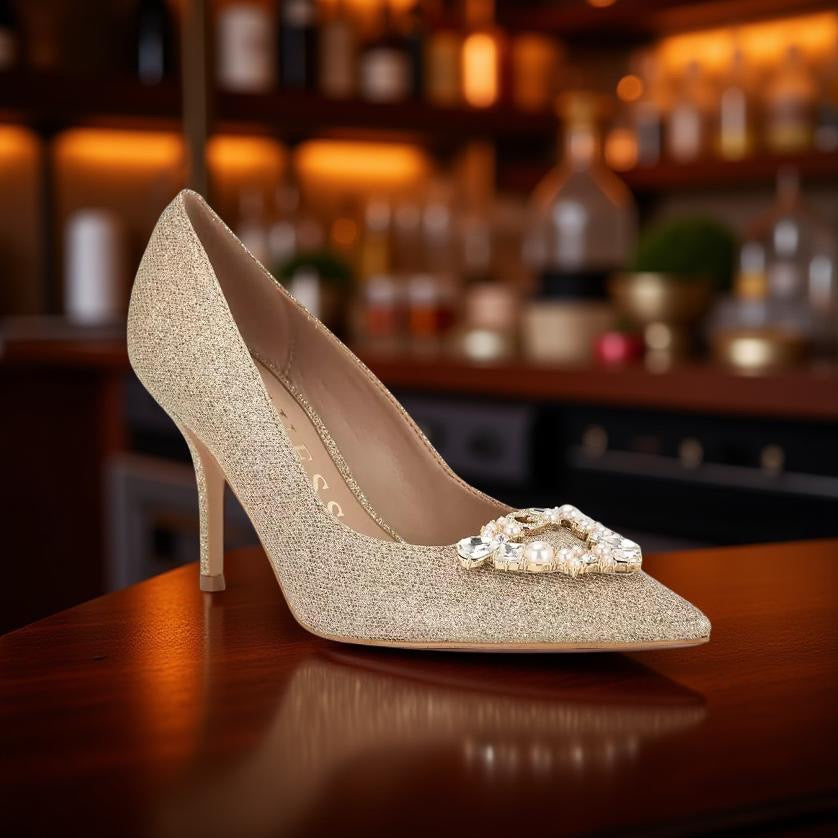 Guess Suede Pointed Toe Brooch Pump in Gold