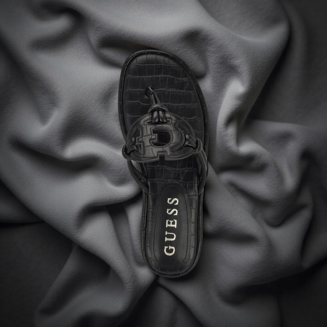 Guess Faux Croc Skin Leather Slippers in Black