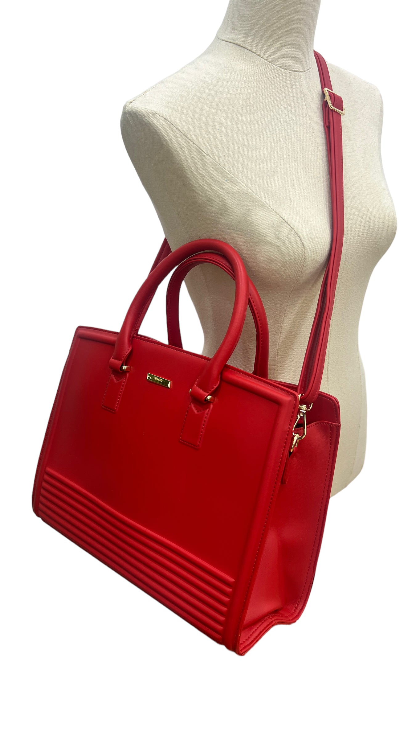 CHRISBELLA RED LARGE DOUBLE HANDLE STRUCTURED BAG