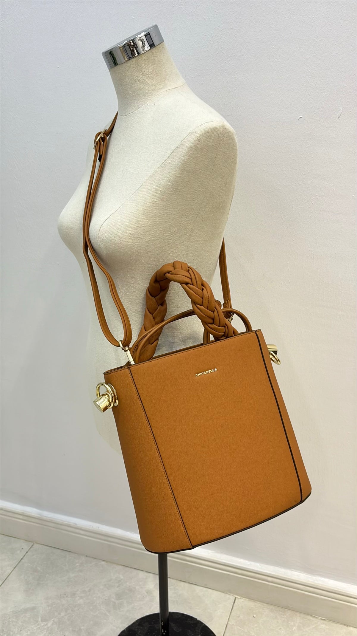 Chrisbella Drawstring Bucket Bag in Camel