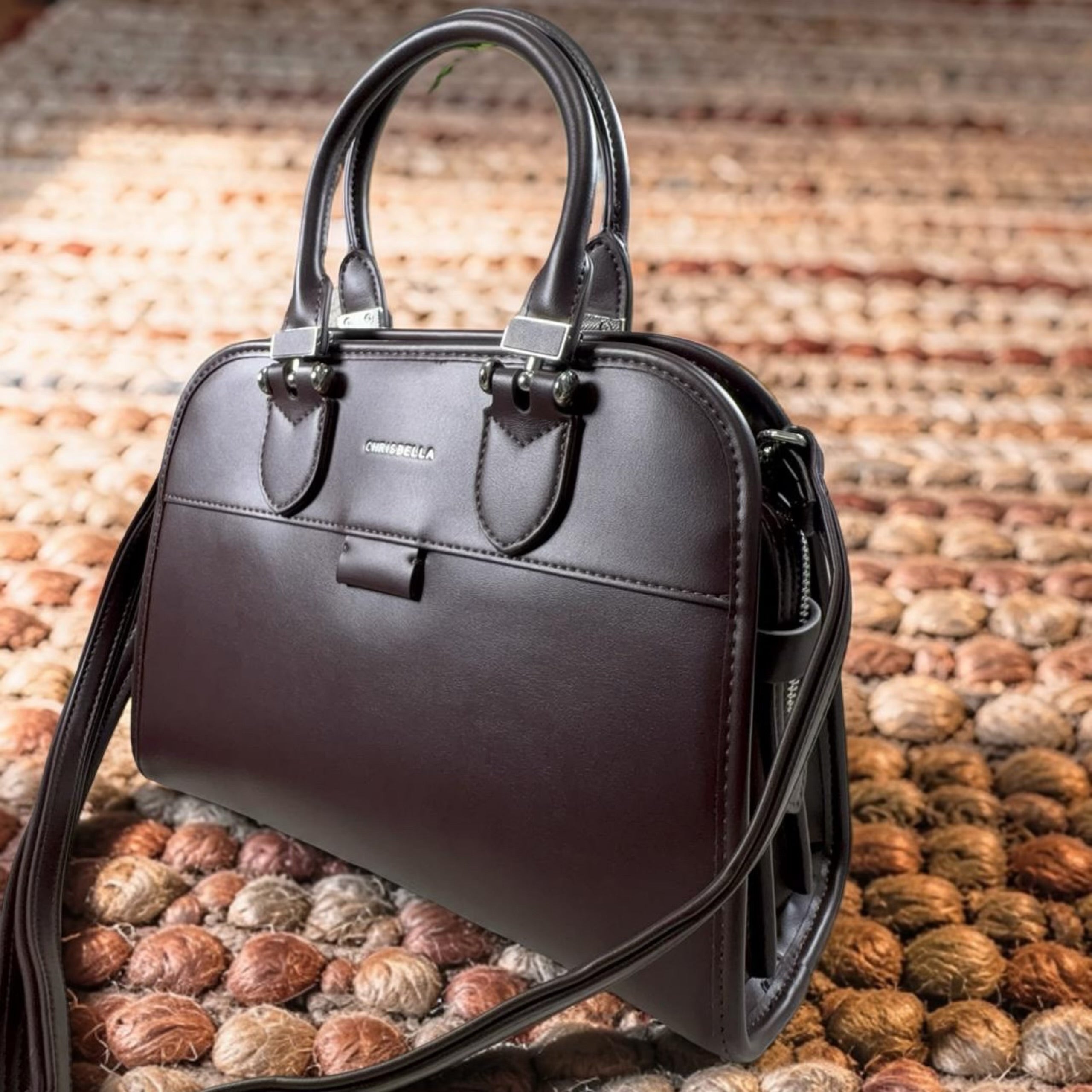 Chrisbella Double Handle Leather Bag in Army in Coffee