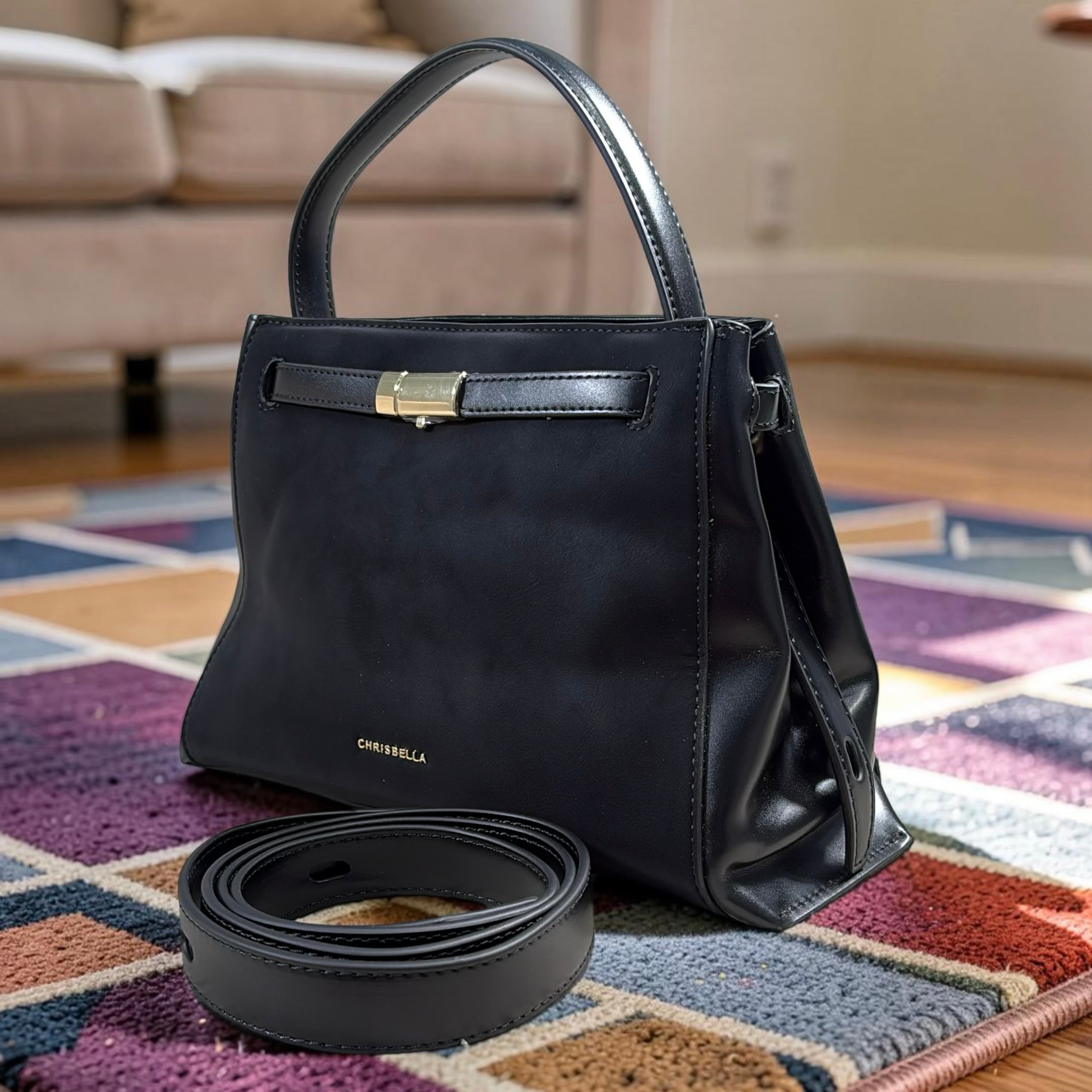 Chrisbella Top Handle Contrast Leather Bag in Black