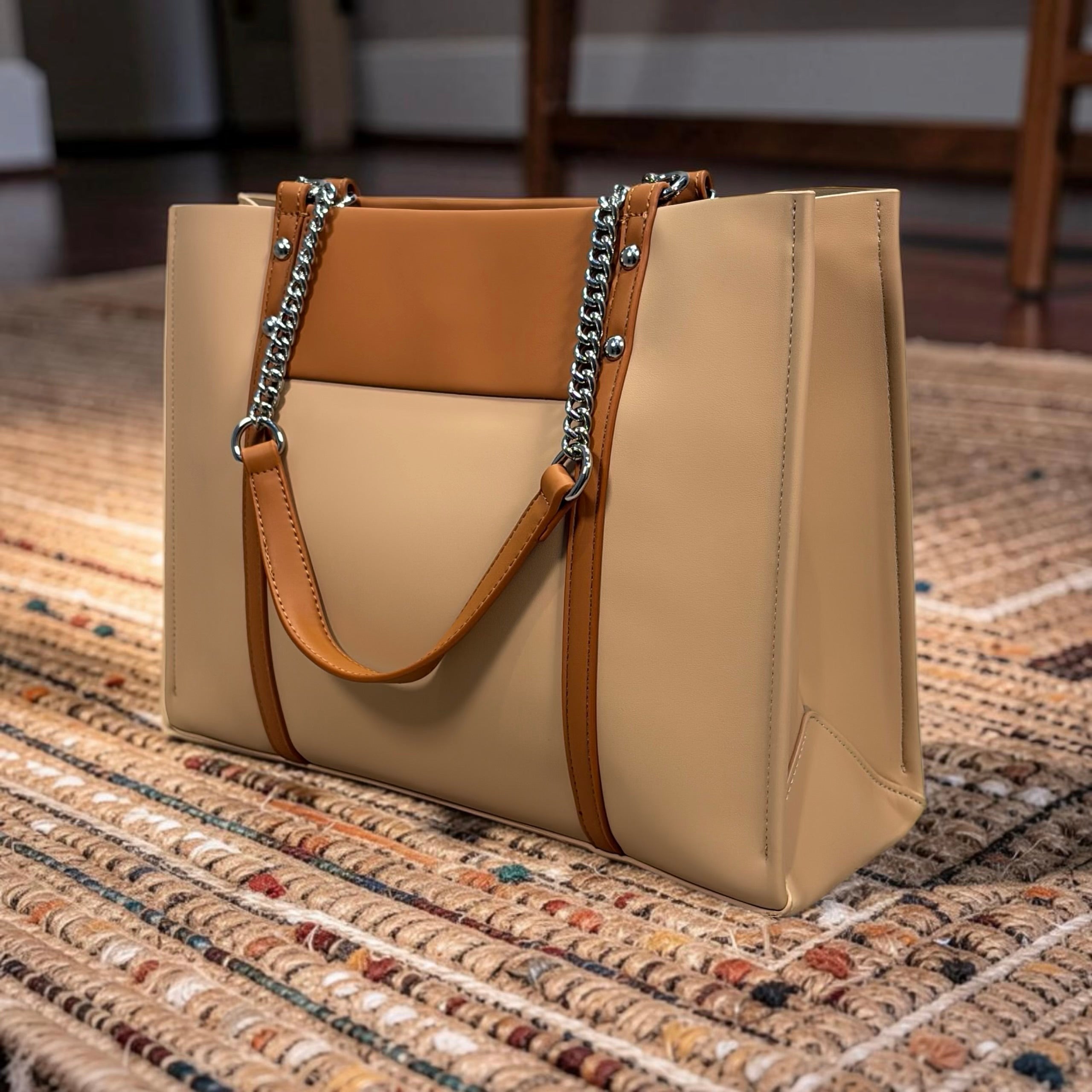 Chrisbella Two-Tone Chain Handle Bag in Beige