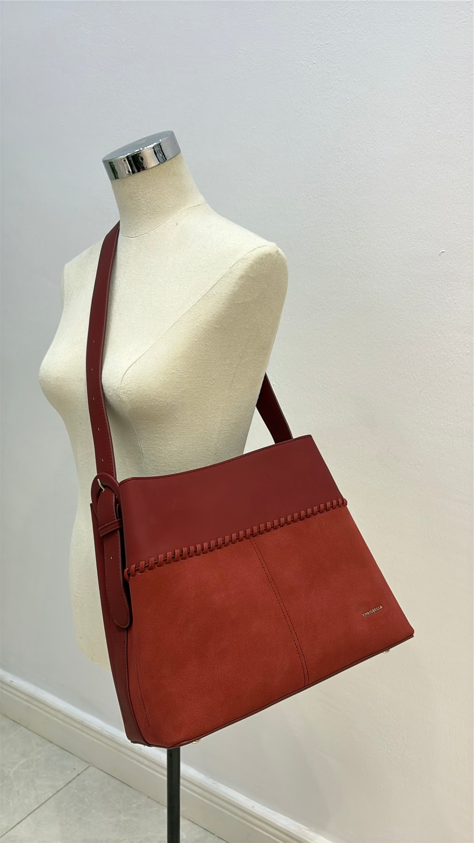 Chrisbella Single Belt Strap Bag Suede Detail Bag in Wine