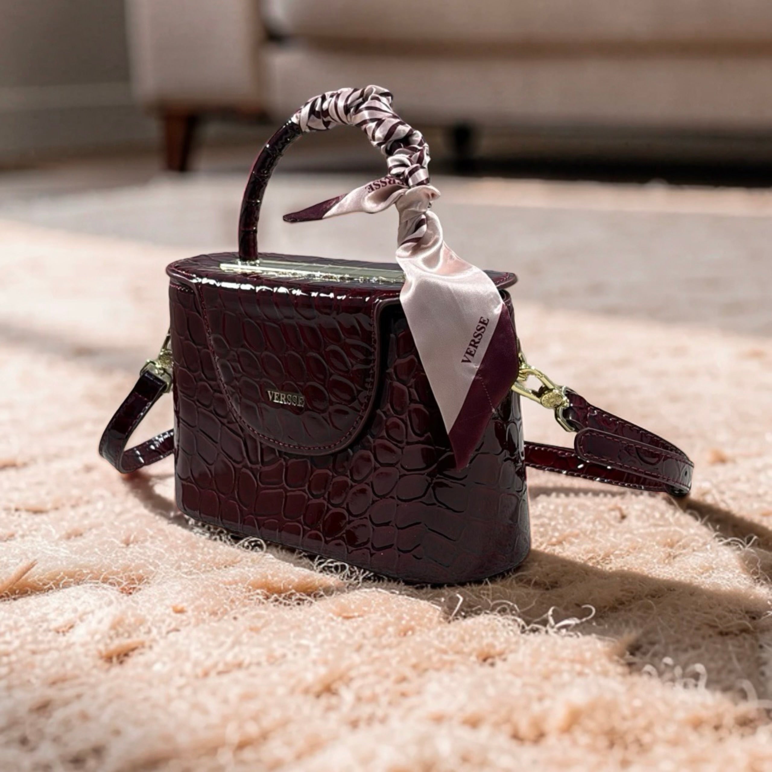 Versse Top Handle Faux Croc Skin Mini Bag in Burgundy