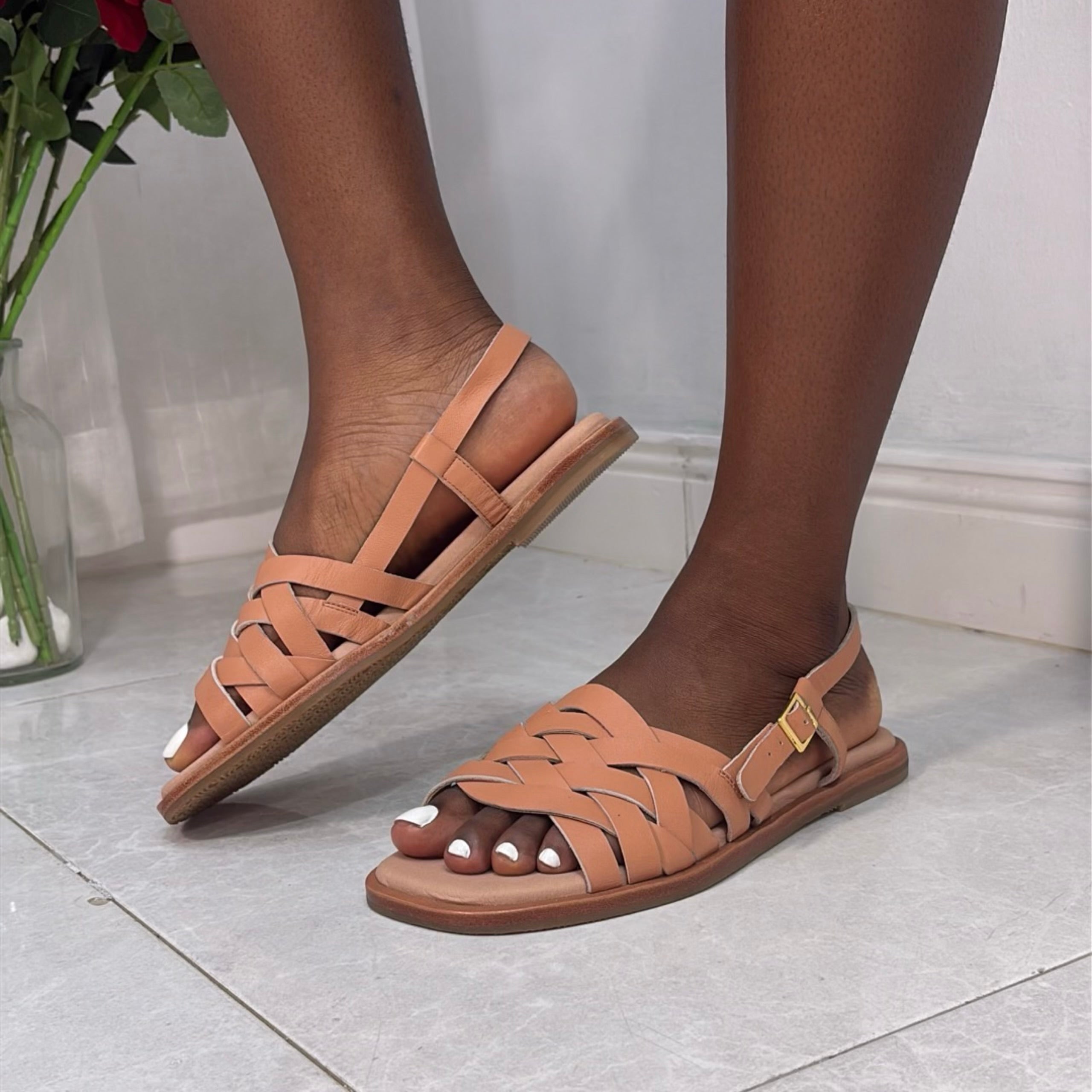 Wyder Studios Woven Strap Flat Sandal in Tan