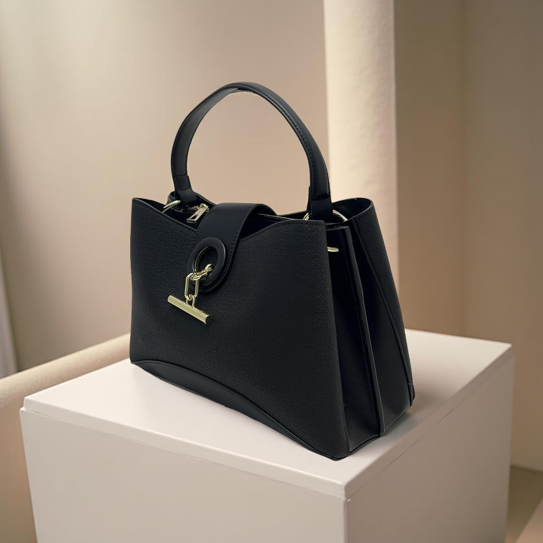 Chrisbella Contrast Leather Triple Compartment Bag in Black