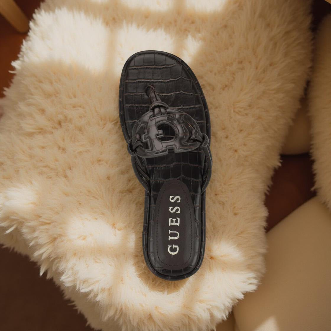 Guess Faux Croc Skin Leather Slippers in Dark Brown