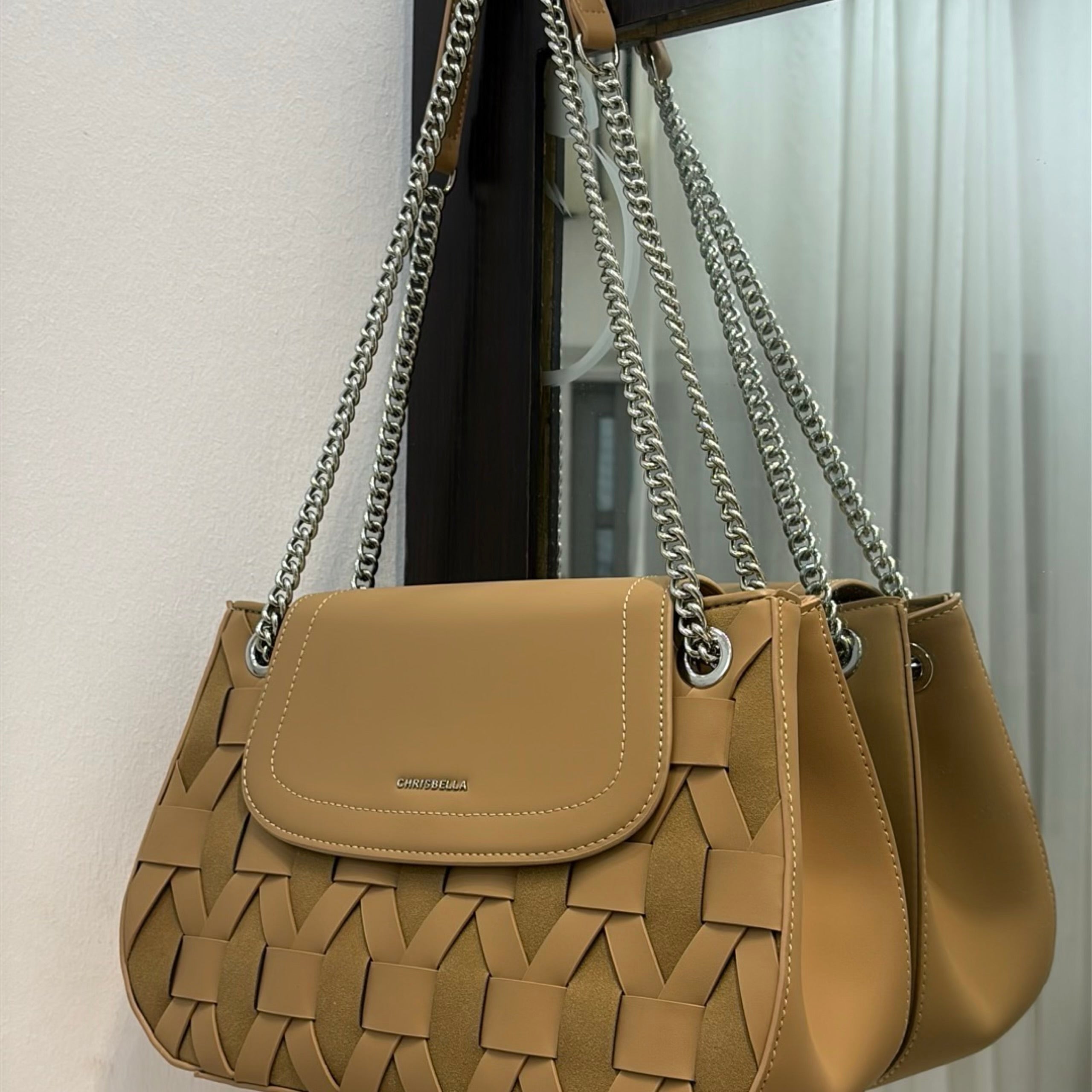 Chrisbella Woven Detail Chain Handle Sling bag in Beige
