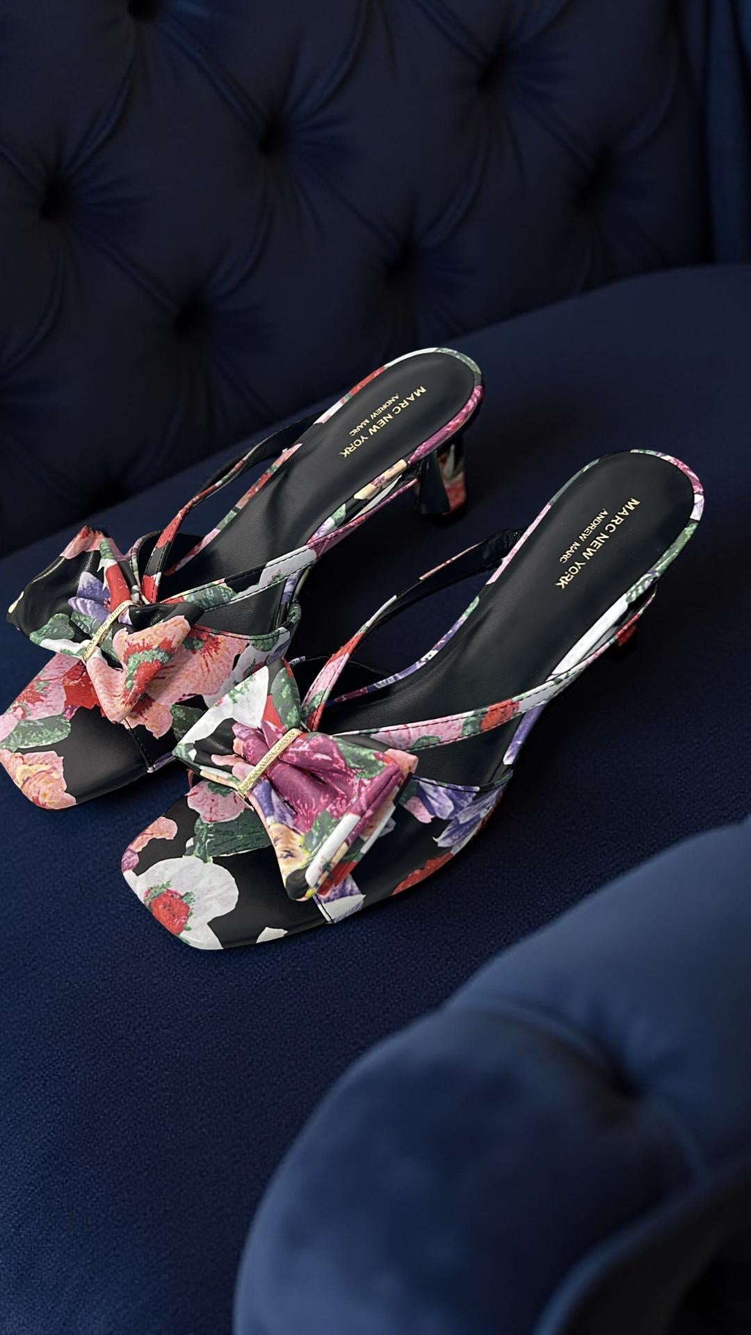 Andrew Marc Floral Leather Bow Detail Mule in Multi