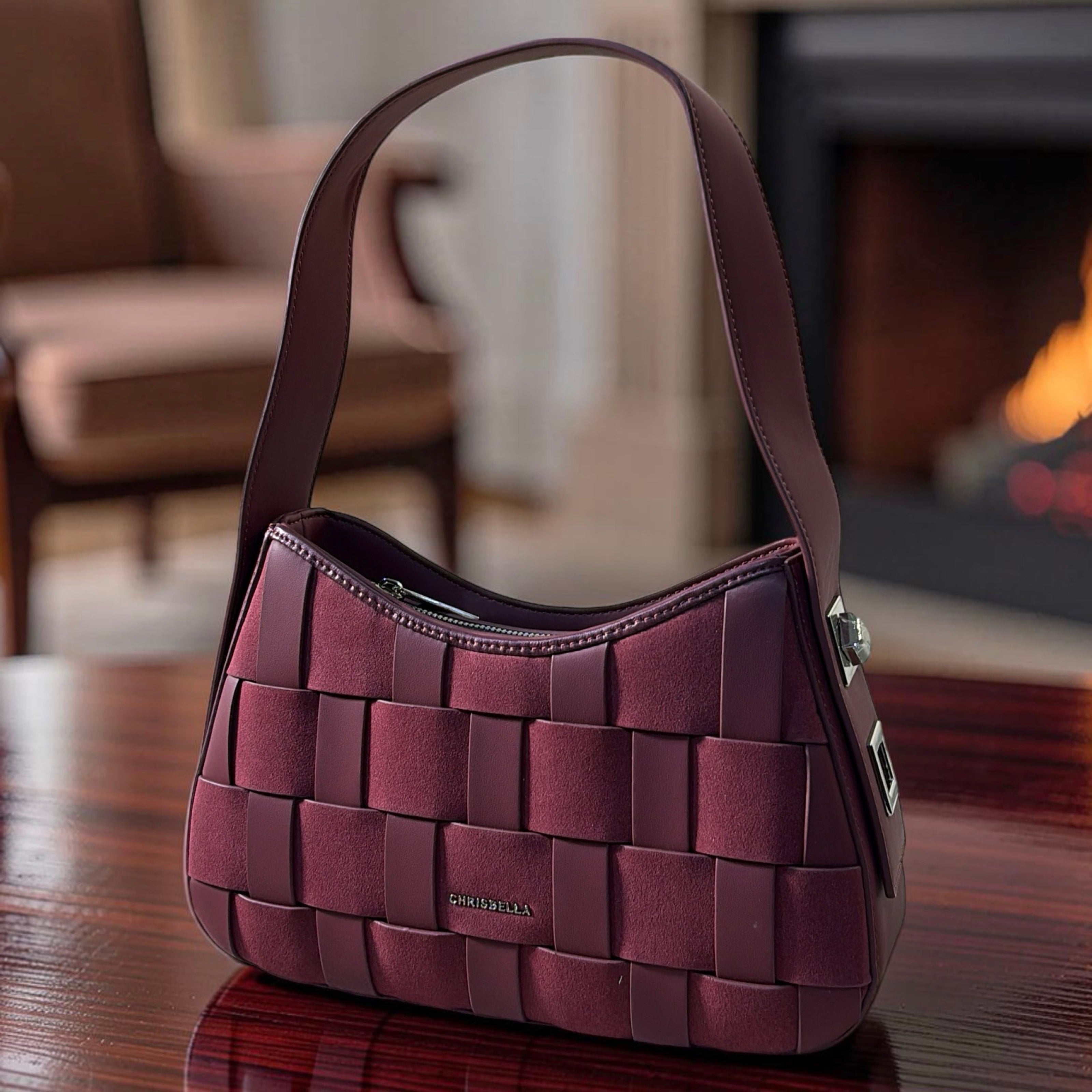 Chrisbella Mat Deisgn Single Strap Shoulder Bag in Wine