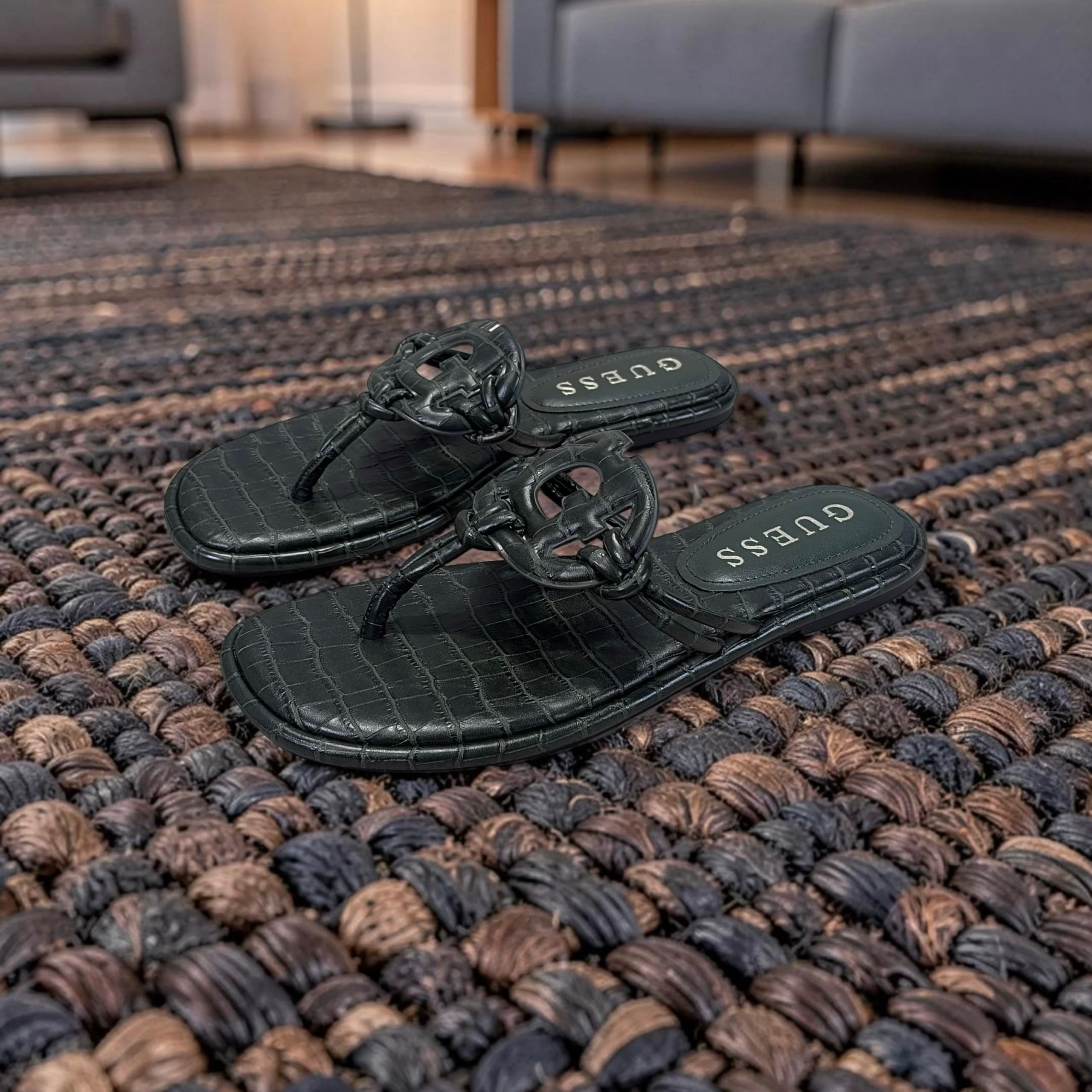 Guess Faux Croc Skin Leather Slippers in Dark Green