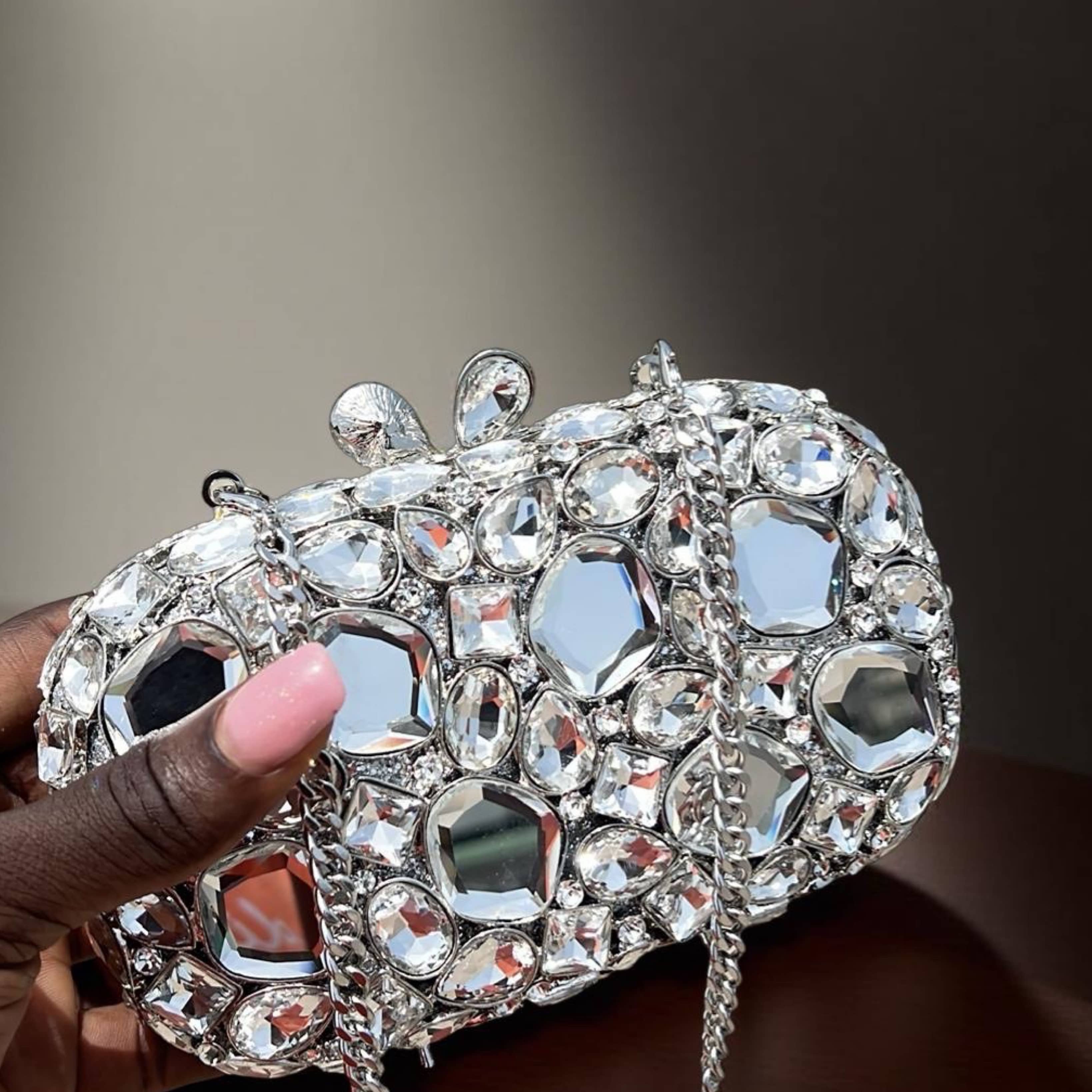Tulum Sparkle Clutch Silver Rhinestone Evening Bag with Chain Strap